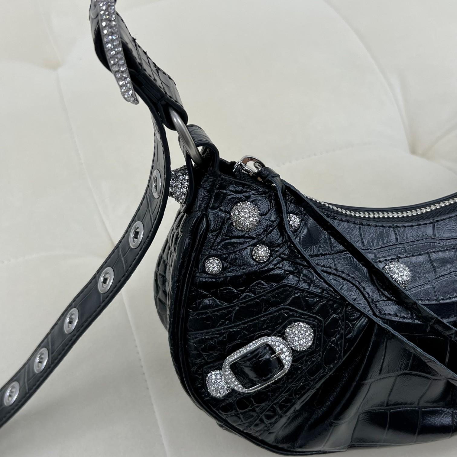 Balenciaga Women's Le Cagole XS Shoulder Bag Crocodile Embossed With Rhinestones In Black - FashionPlug