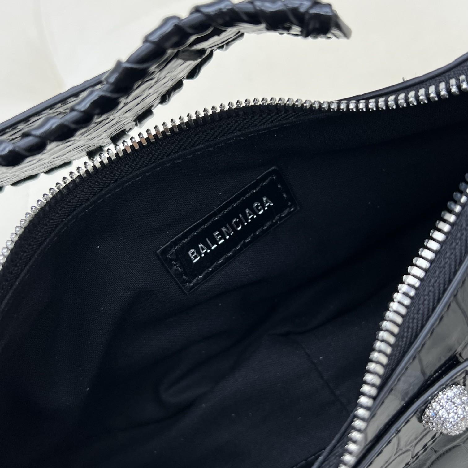 Balenciaga Women's Le Cagole XS Shoulder Bag Crocodile Embossed With Rhinestones In Black - FashionPlug