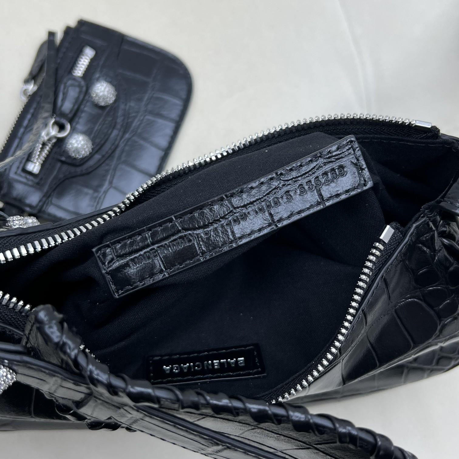 Balenciaga Women's Le Cagole XS Shoulder Bag Crocodile Embossed With Rhinestones In Black - FashionPlug
