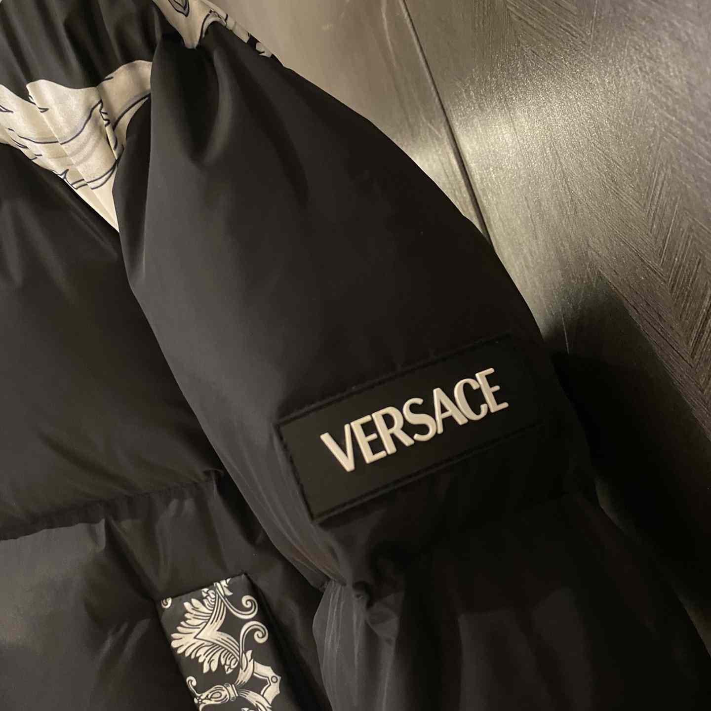 Versace Women's Silver Baroque Puffer Jacket - FashionPlug