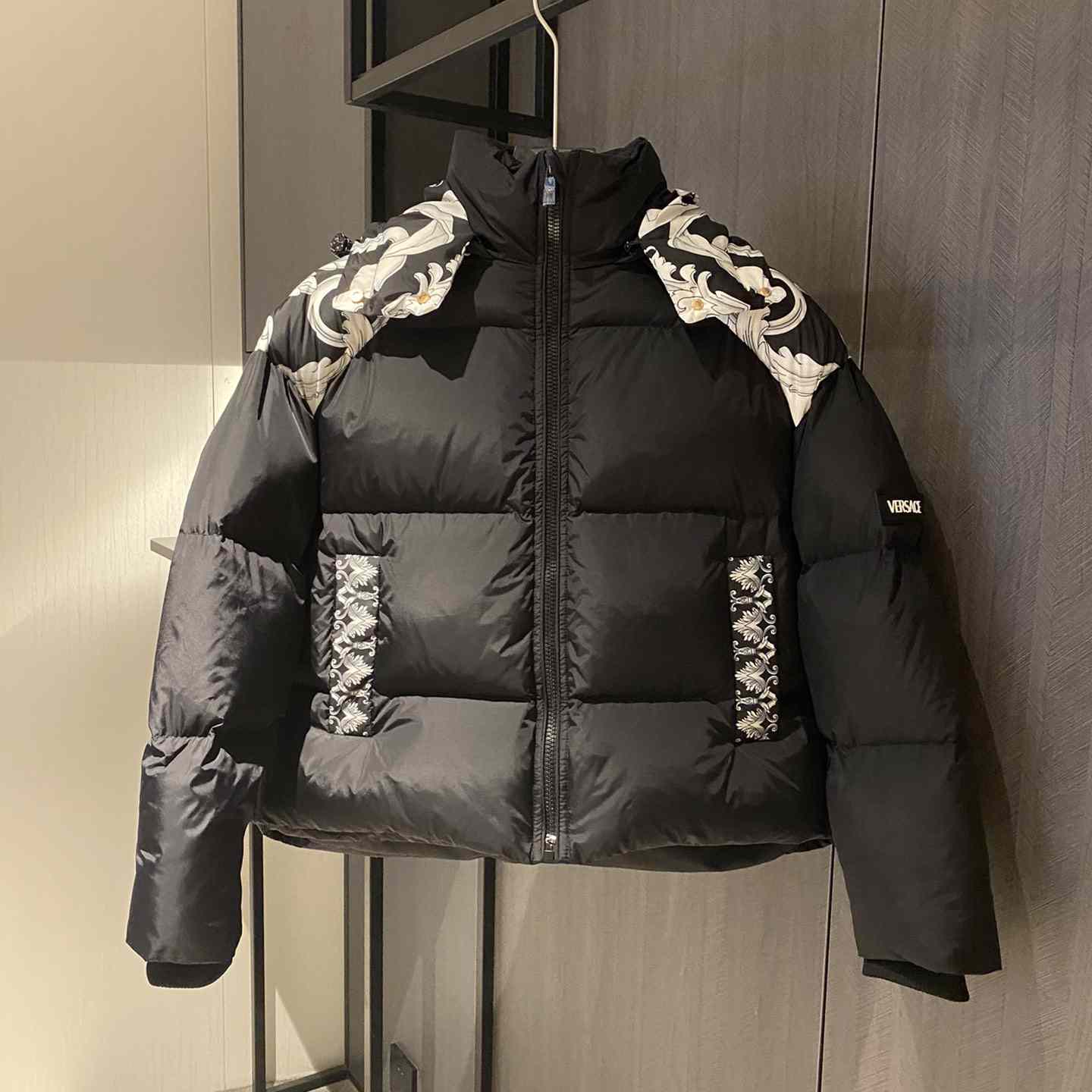 Versace Women's Silver Baroque Puffer Jacket - FashionPlug