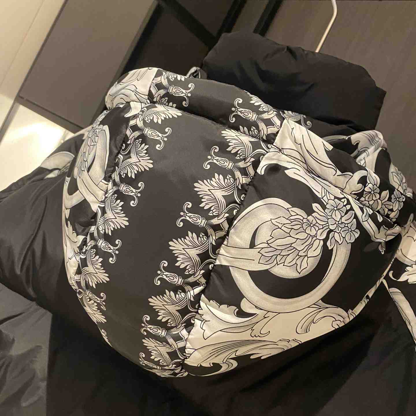 Versace Women's Silver Baroque Puffer Jacket - FashionPlug