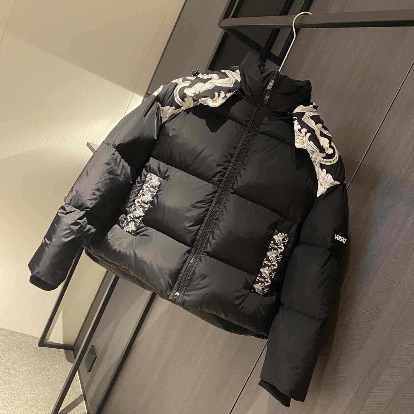 Versace Women's Silver Baroque Puffer Jacket - FashionPlug