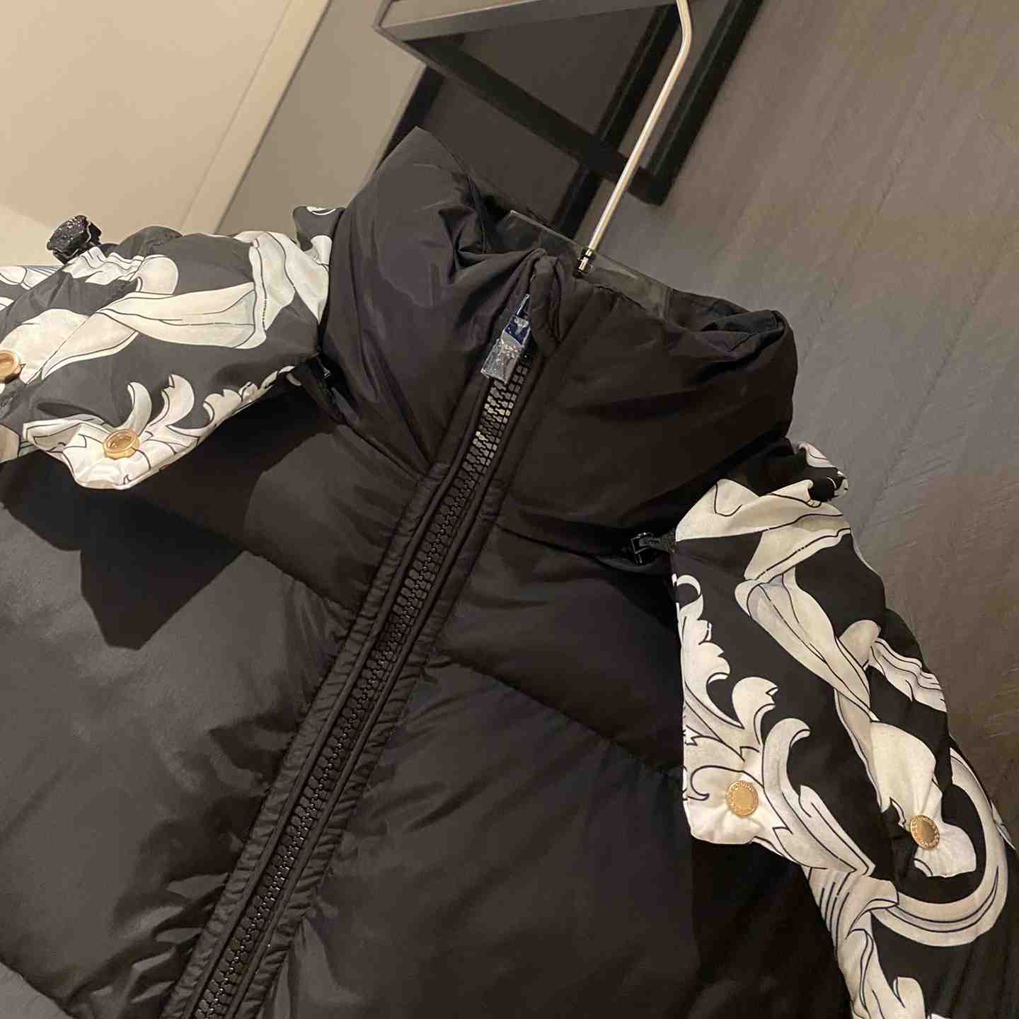 Versace Women's Silver Baroque Puffer Jacket - FashionPlug