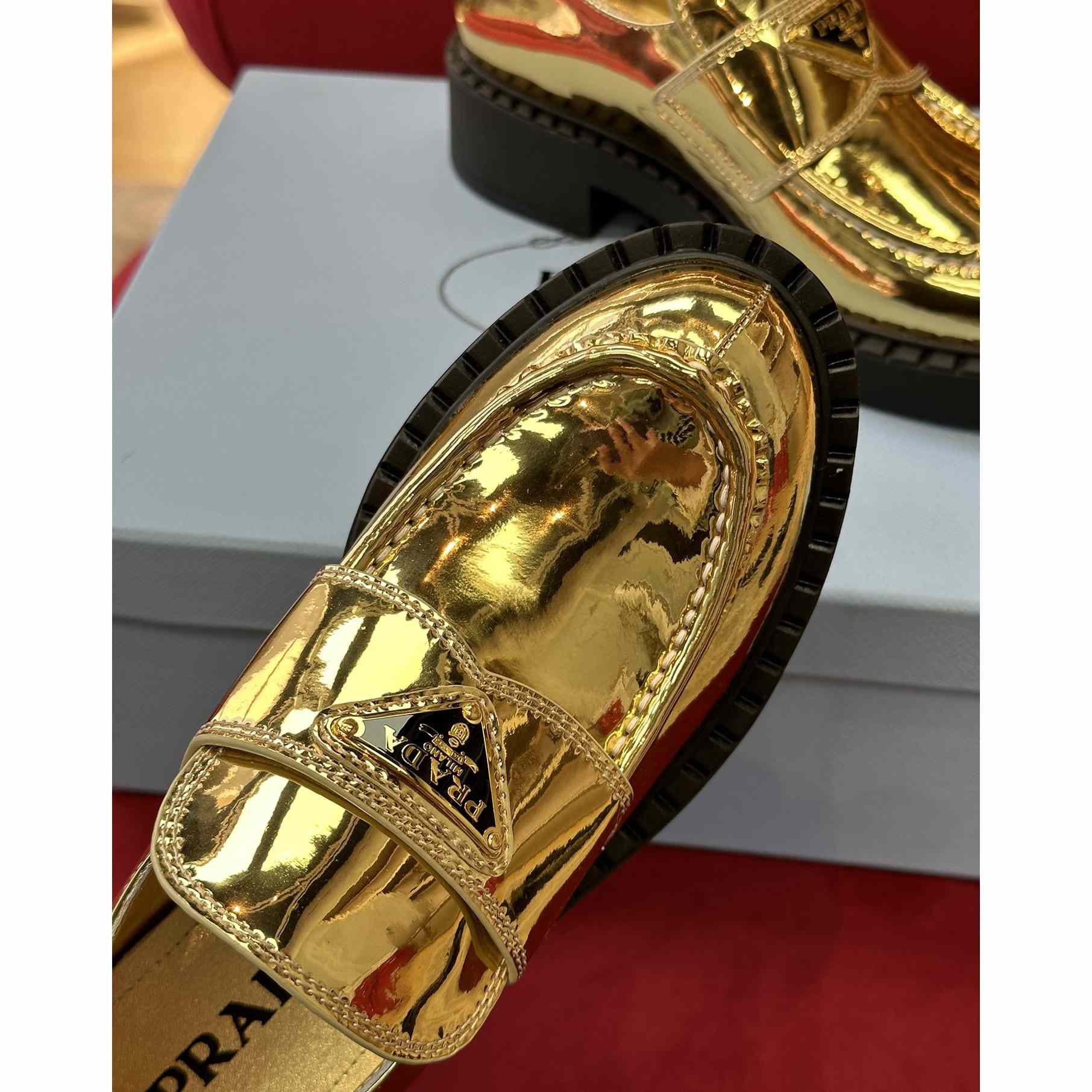 Prada Metallic Leather Loafers - FashionPlug