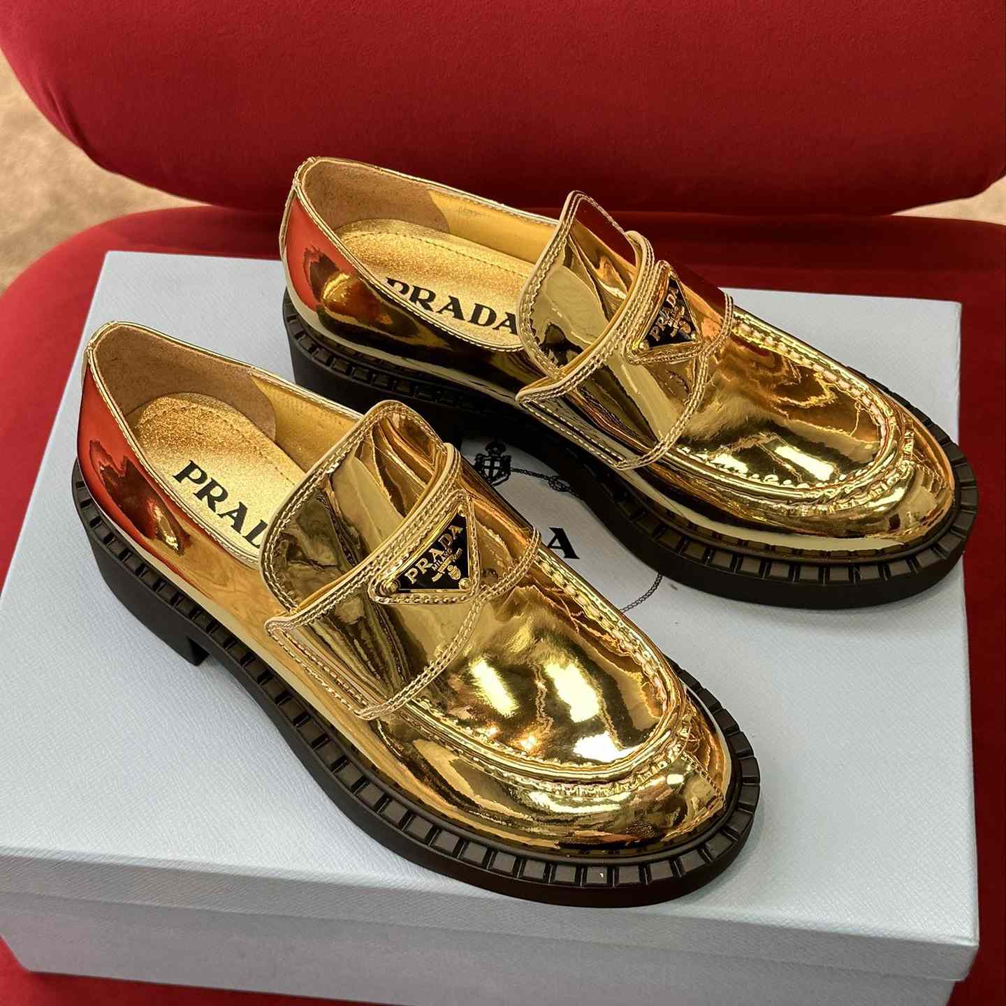 Prada Metallic Leather Loafers - FashionPlug
