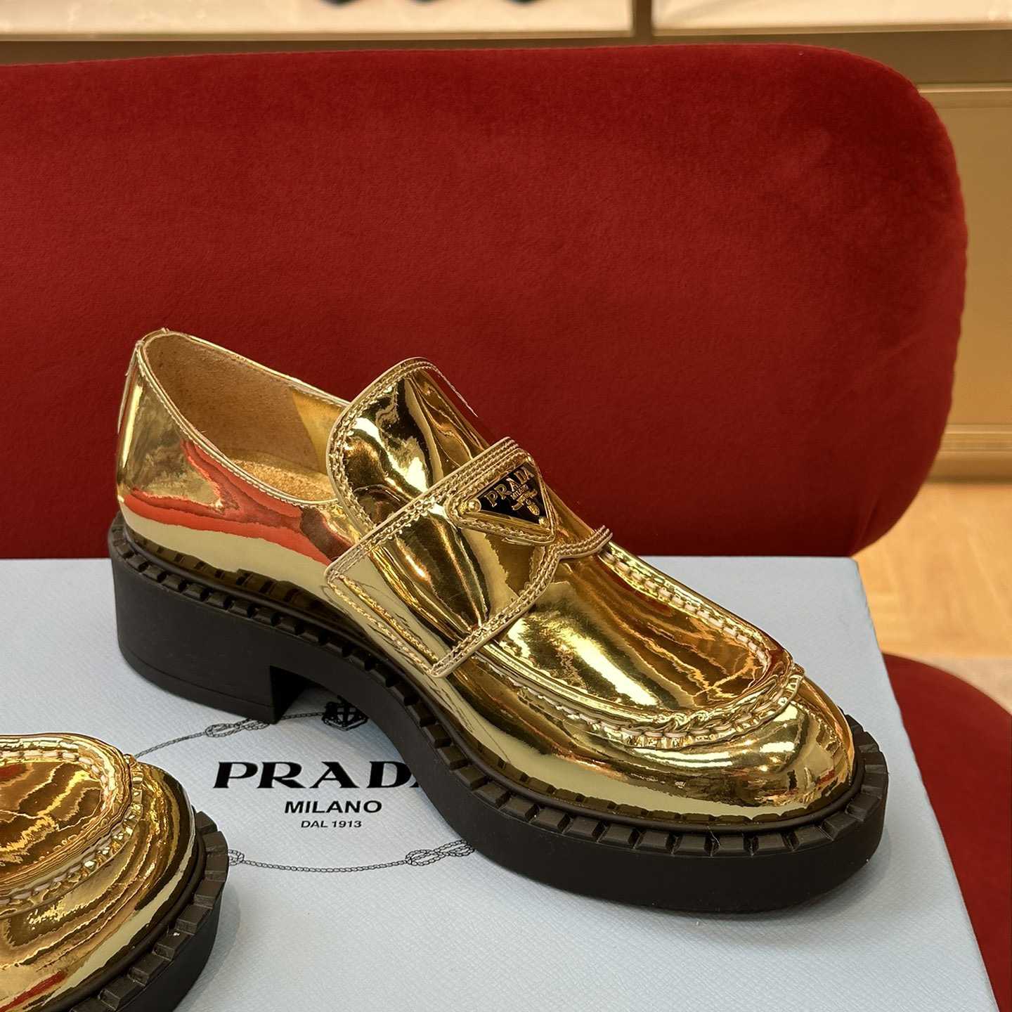 Prada Metallic Leather Loafers - FashionPlug
