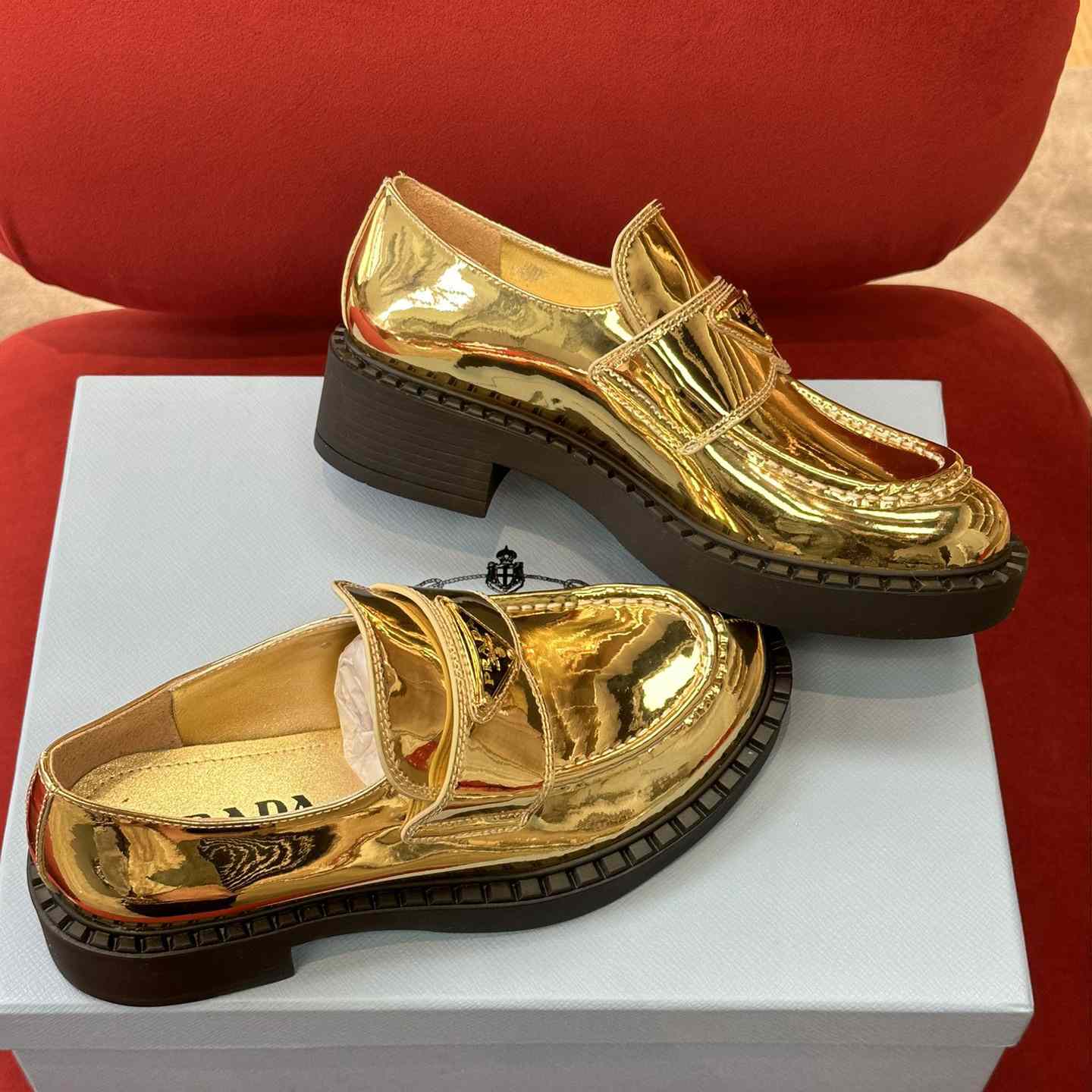 Prada Metallic Leather Loafers - FashionPlug