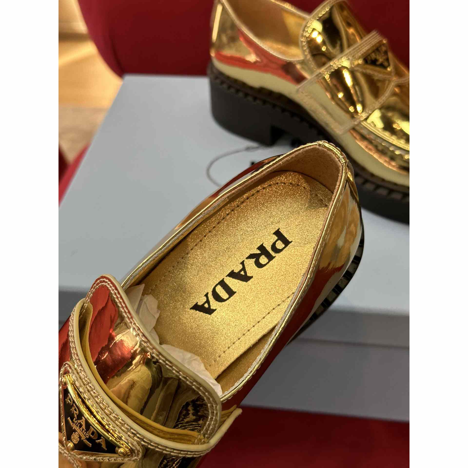 Prada Metallic Leather Loafers - FashionPlug