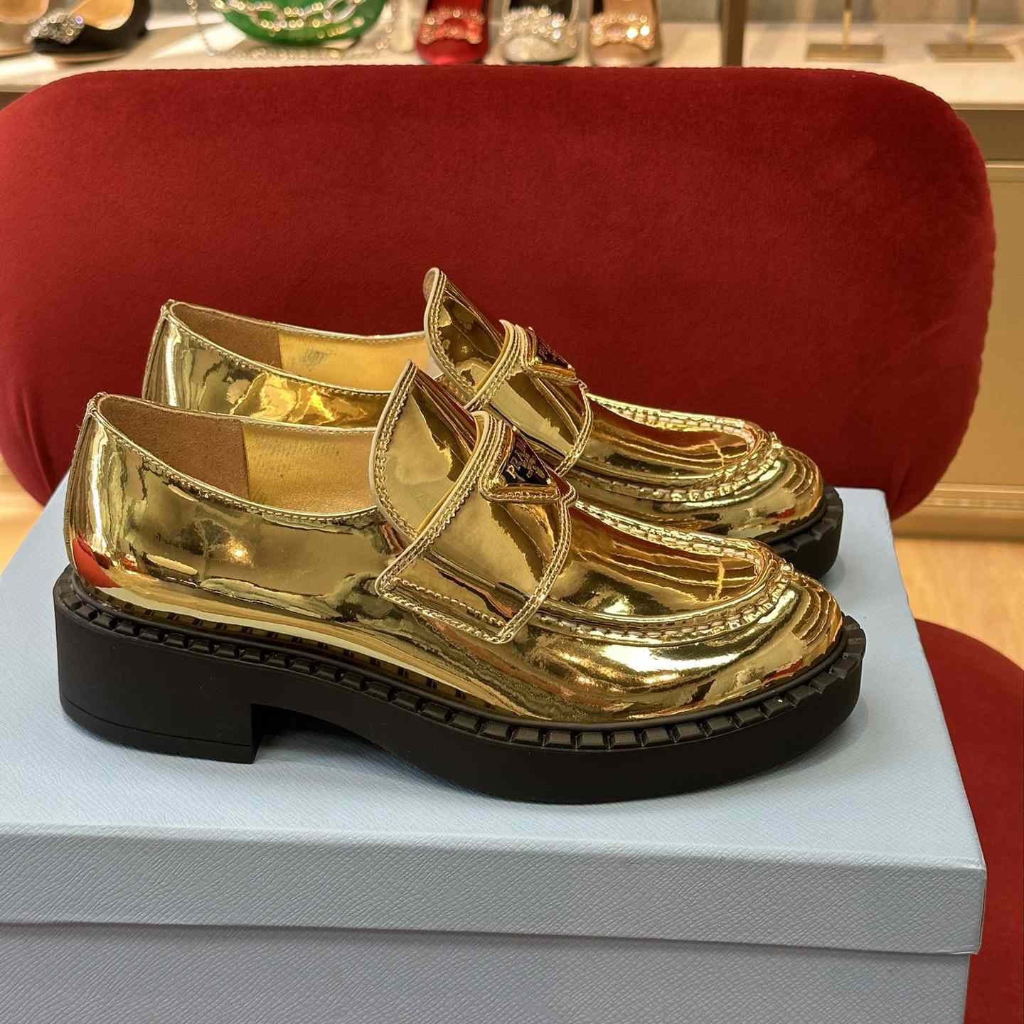 Prada Metallic Leather Loafers - FashionPlug