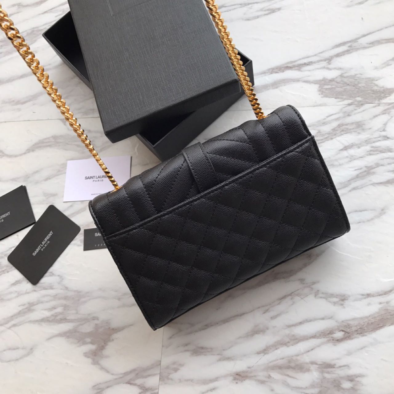 Saint Laurent Envelope Chain Wallet In Mix Matelasse Grain De Poudre Embossed Leather(21-13-6CM) - FashionPlug