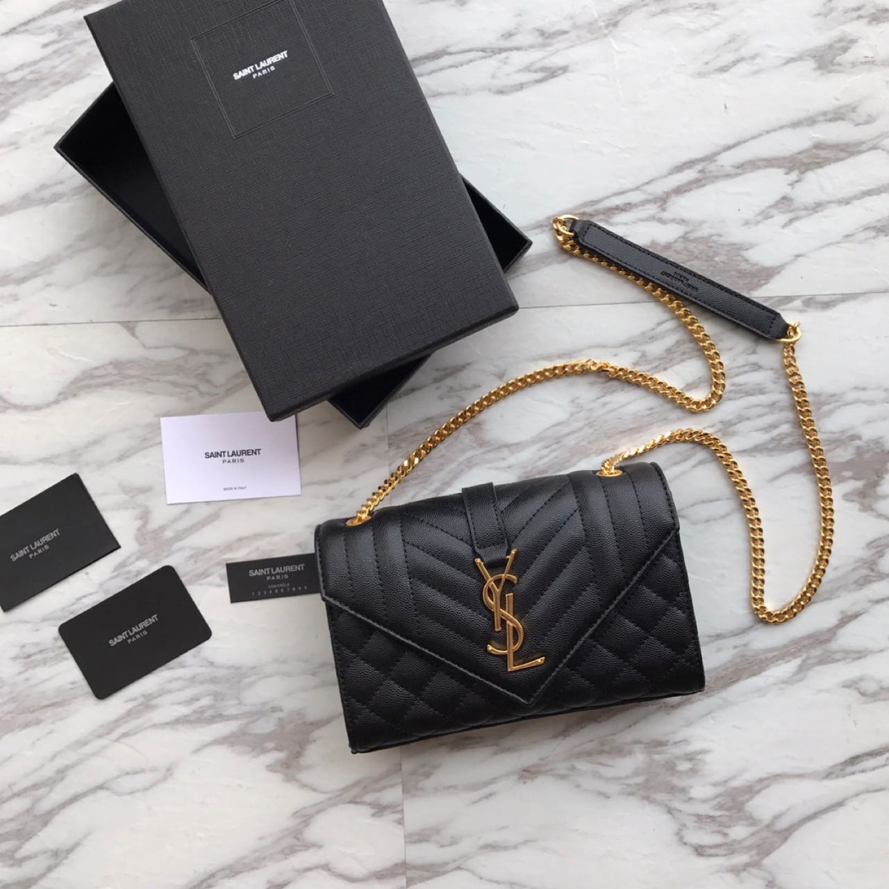 Saint Laurent Envelope Chain Wallet In Mix Matelasse Grain De Poudre Embossed Leather(21-13-6CM) - FashionPlug