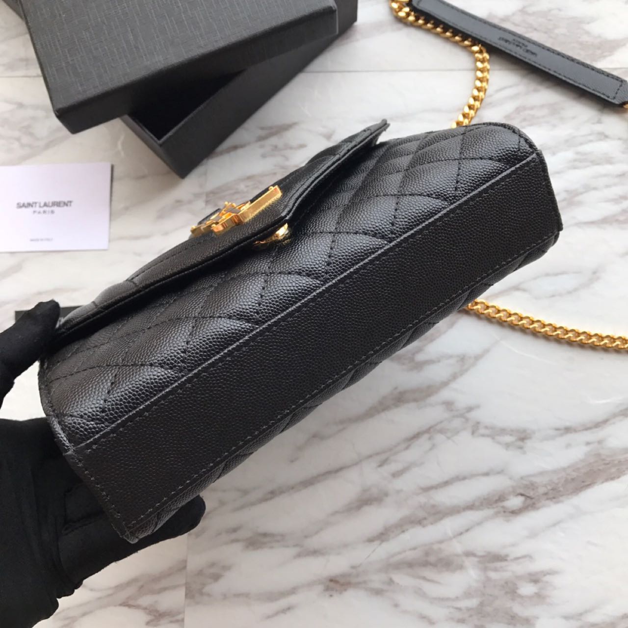 Saint Laurent Envelope Chain Wallet In Mix Matelasse Grain De Poudre Embossed Leather(21-13-6CM) - FashionPlug