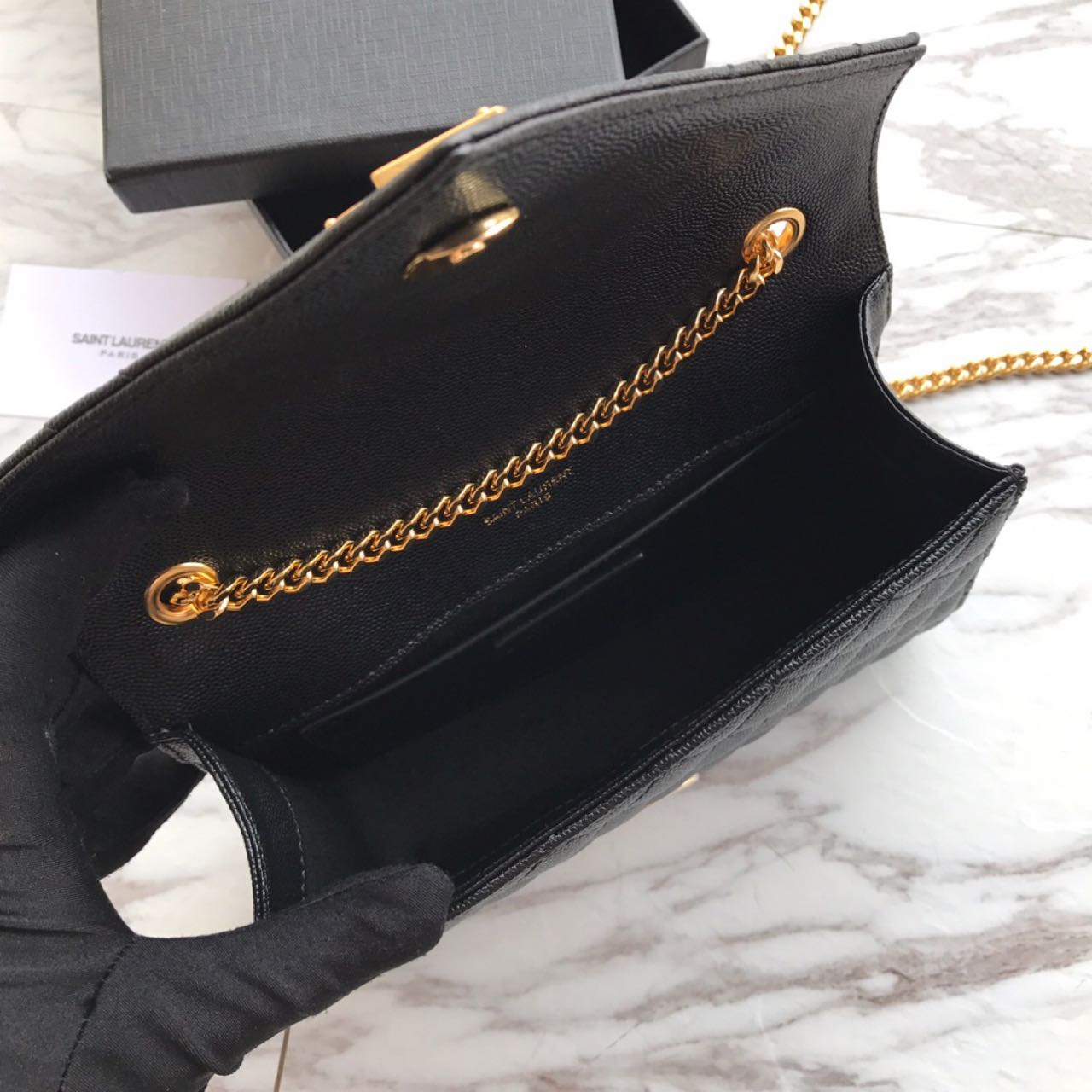 Saint Laurent Envelope Chain Wallet In Mix Matelasse Grain De Poudre Embossed Leather(21-13-6CM) - FashionPlug