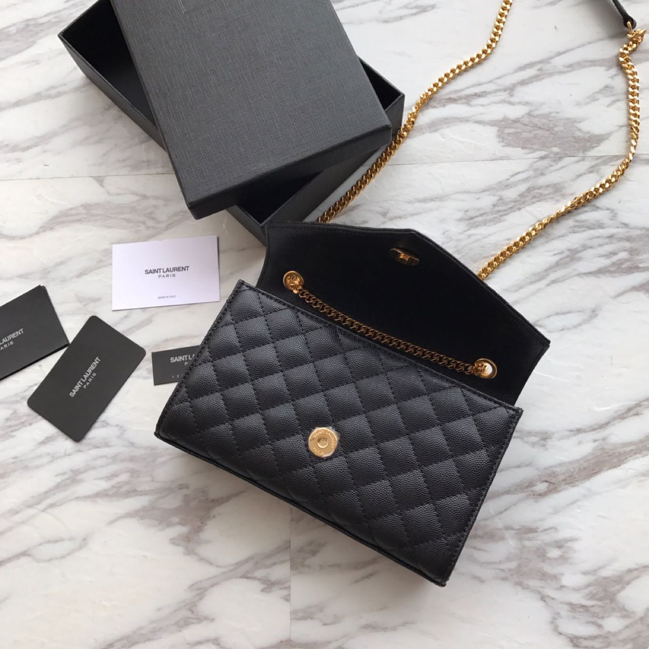 Saint Laurent Envelope Chain Wallet In Mix Matelasse Grain De Poudre Embossed Leather(21-13-6CM) - FashionPlug