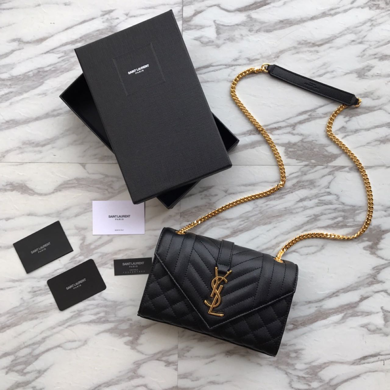 Saint Laurent Envelope Chain Wallet In Mix Matelasse Grain De Poudre Embossed Leather(21-13-6CM) - FashionPlug