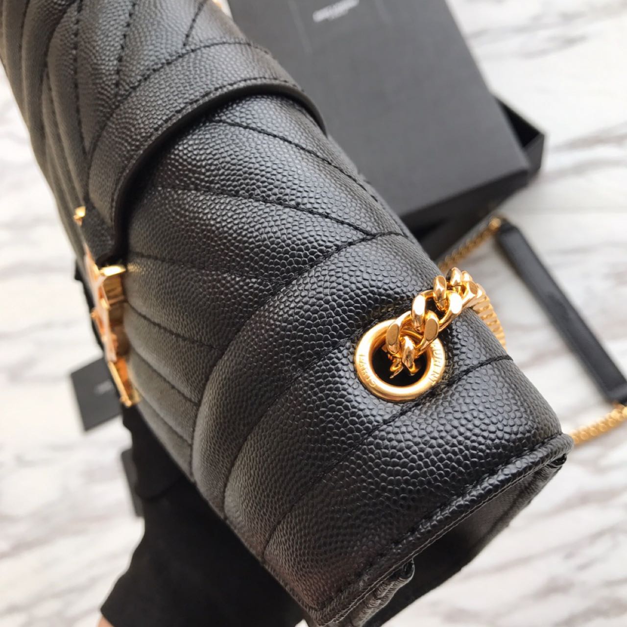 Saint Laurent Envelope Chain Wallet In Mix Matelasse Grain De Poudre Embossed Leather(21-13-6CM) - FashionPlug