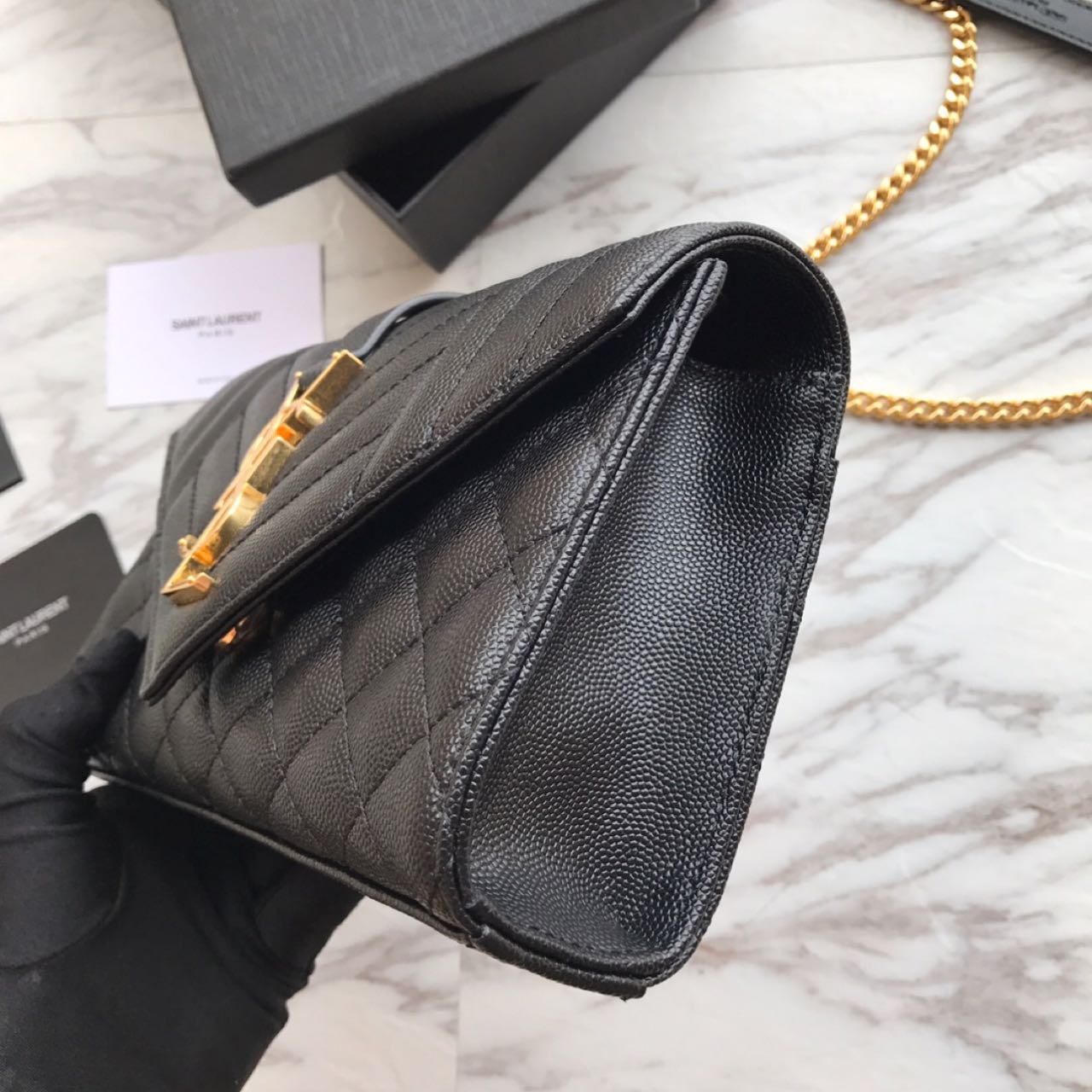 Saint Laurent Envelope Chain Wallet In Mix Matelasse Grain De Poudre Embossed Leather(21-13-6CM) - FashionPlug
