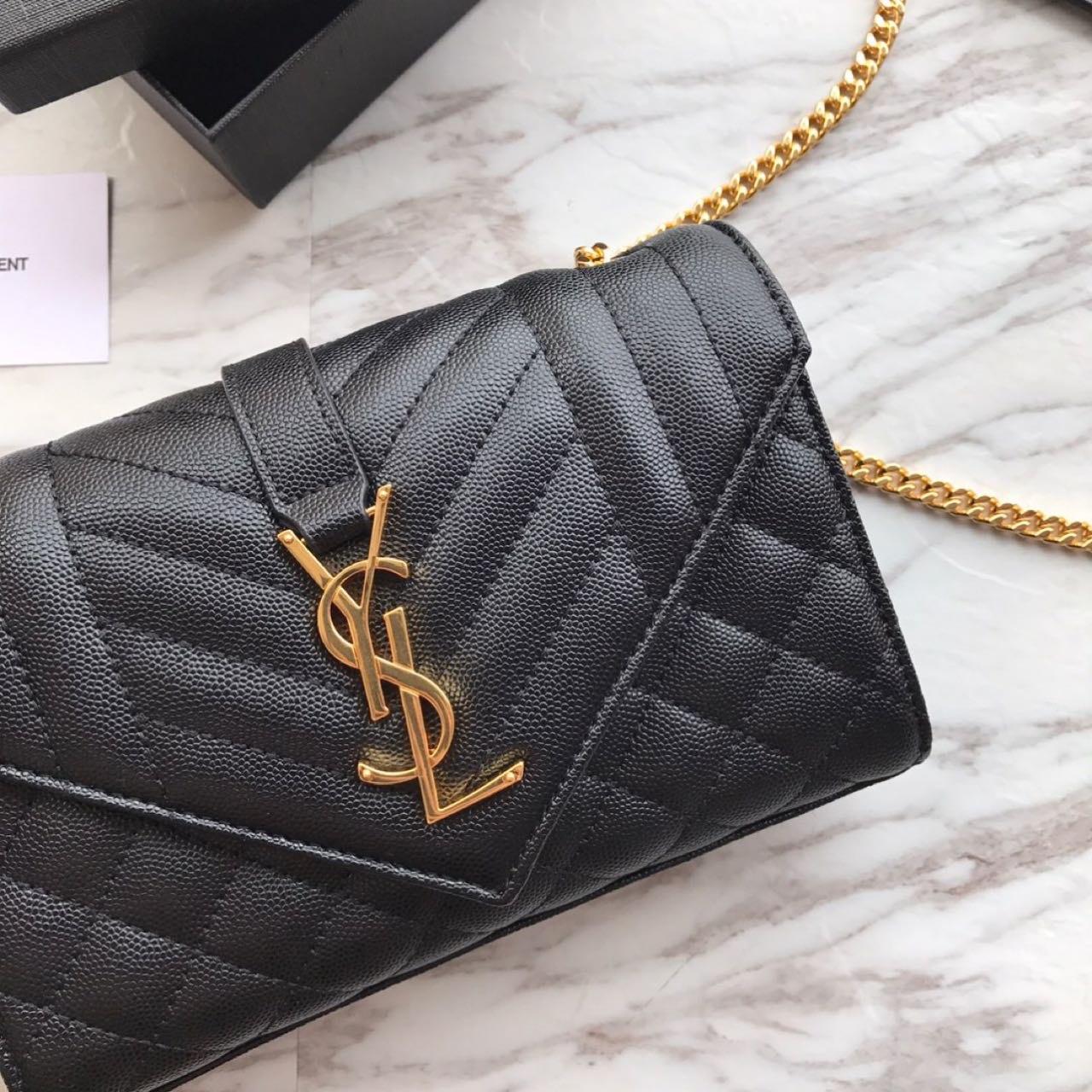Saint Laurent Envelope Chain Wallet In Mix Matelasse Grain De Poudre Embossed Leather(21-13-6CM) - FashionPlug