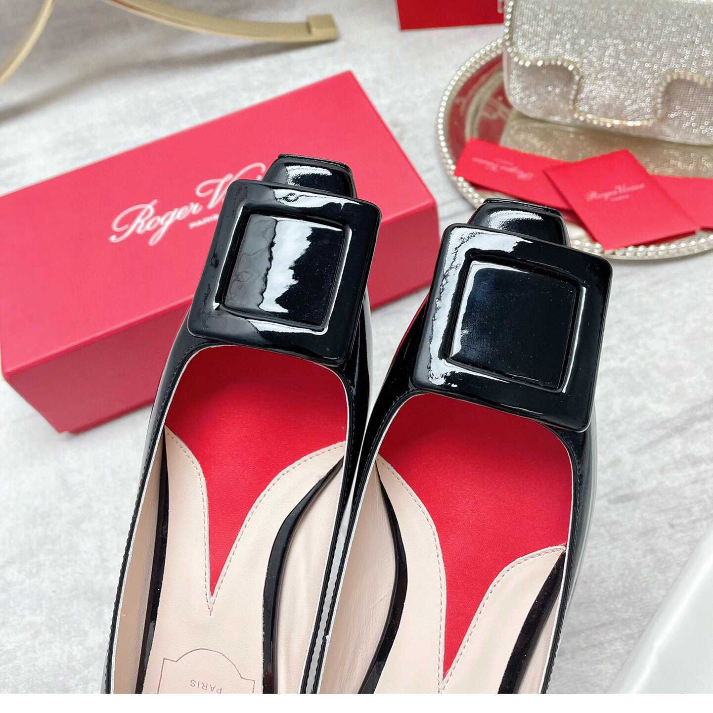 Roger Vivier Strass Heel Covered Buckle Ballerinas In Patent Leather - FashionPlug