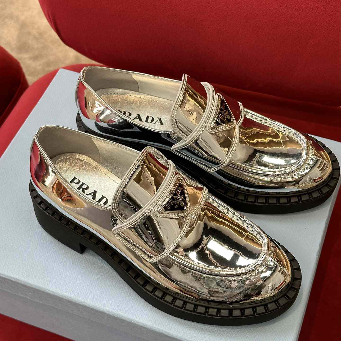 Prada Metallic Leather Loafers - FashionPlug