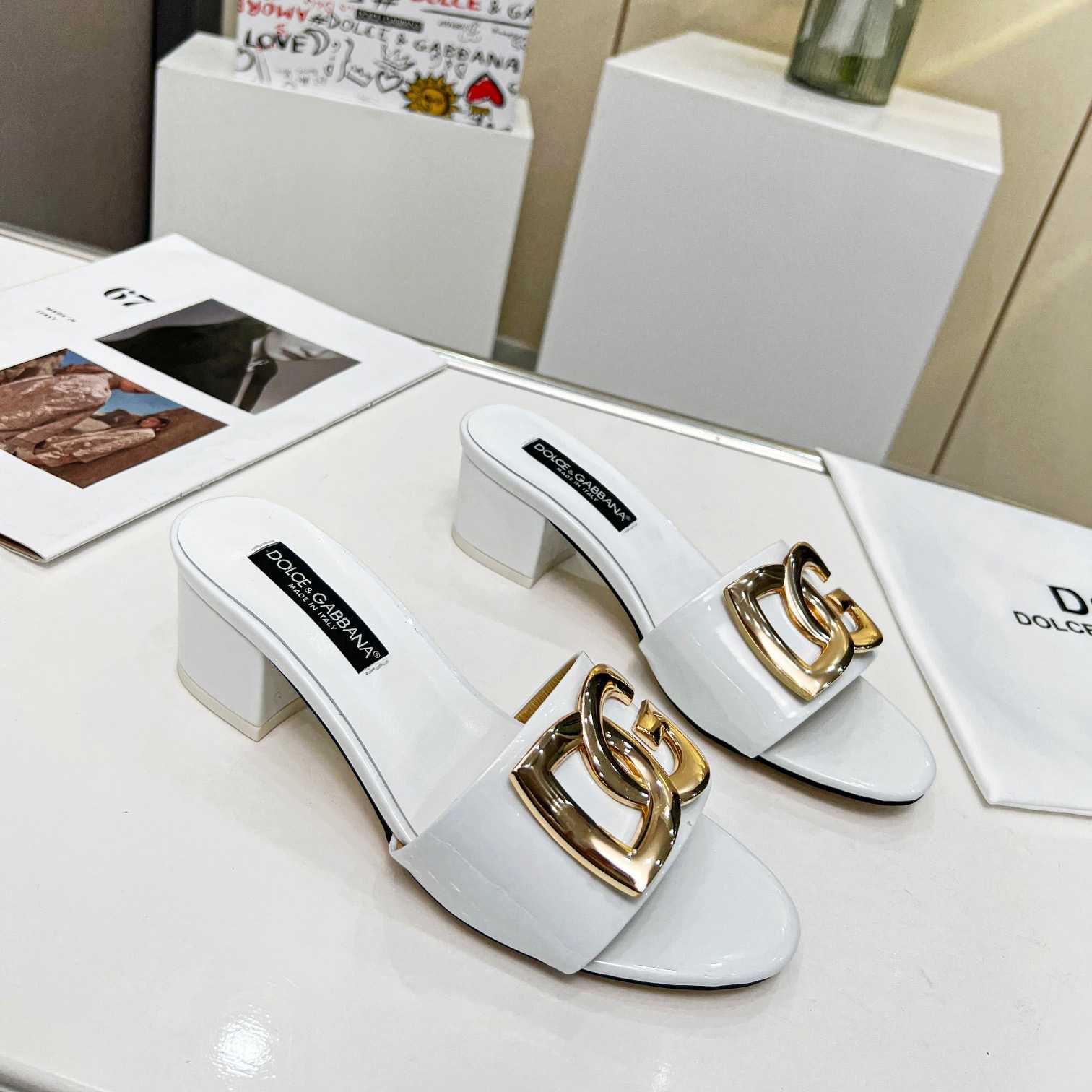 Dolce & Gabbana Polished Calfskin Sliders With DG Logo - FashionPlug