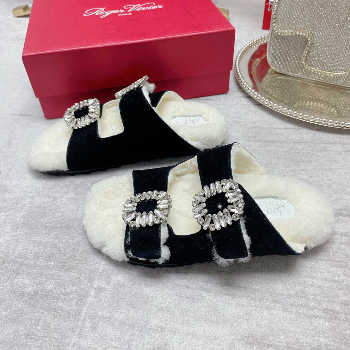 Roger Vivier Slidy Viv' Fur Strass Buckle Mules In Suede - FashionPlug