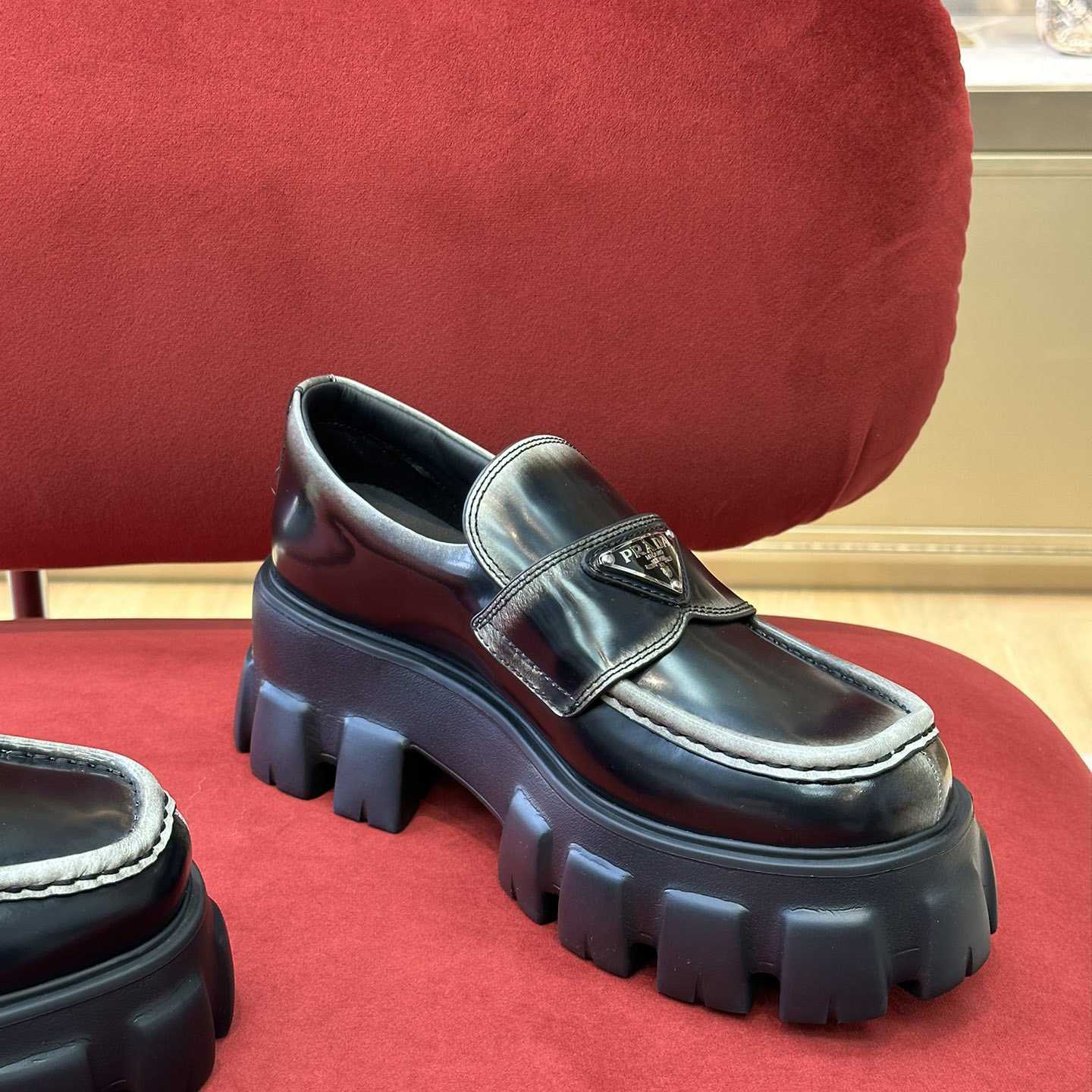 Prada Brushed Leather Monolith Loafers - FashionPlug