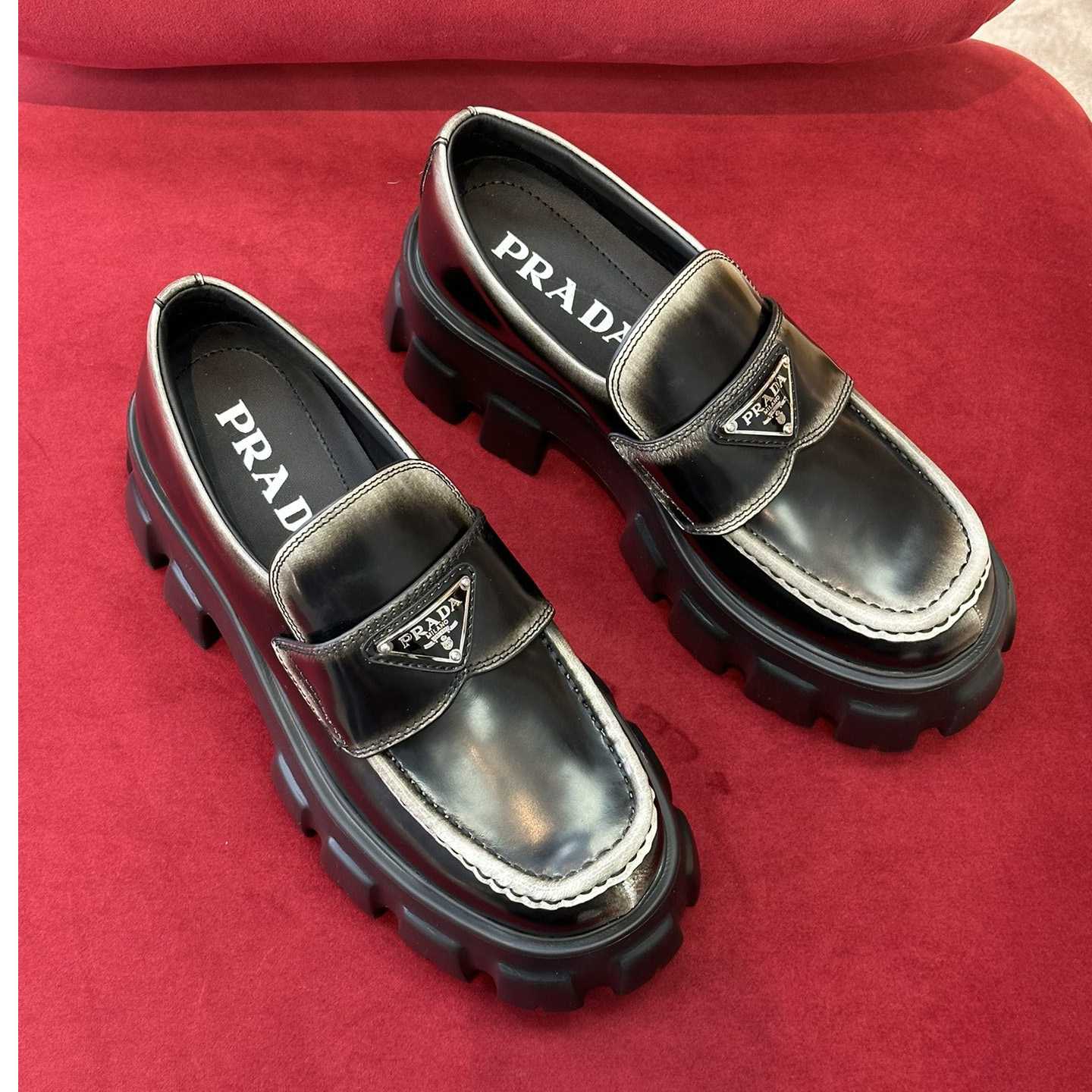 Prada Brushed Leather Monolith Loafers - FashionPlug