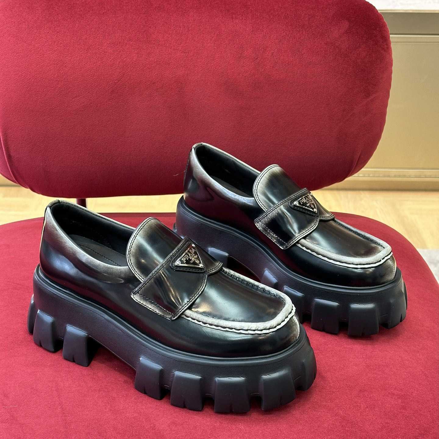 Prada Brushed Leather Monolith Loafers - FashionPlug