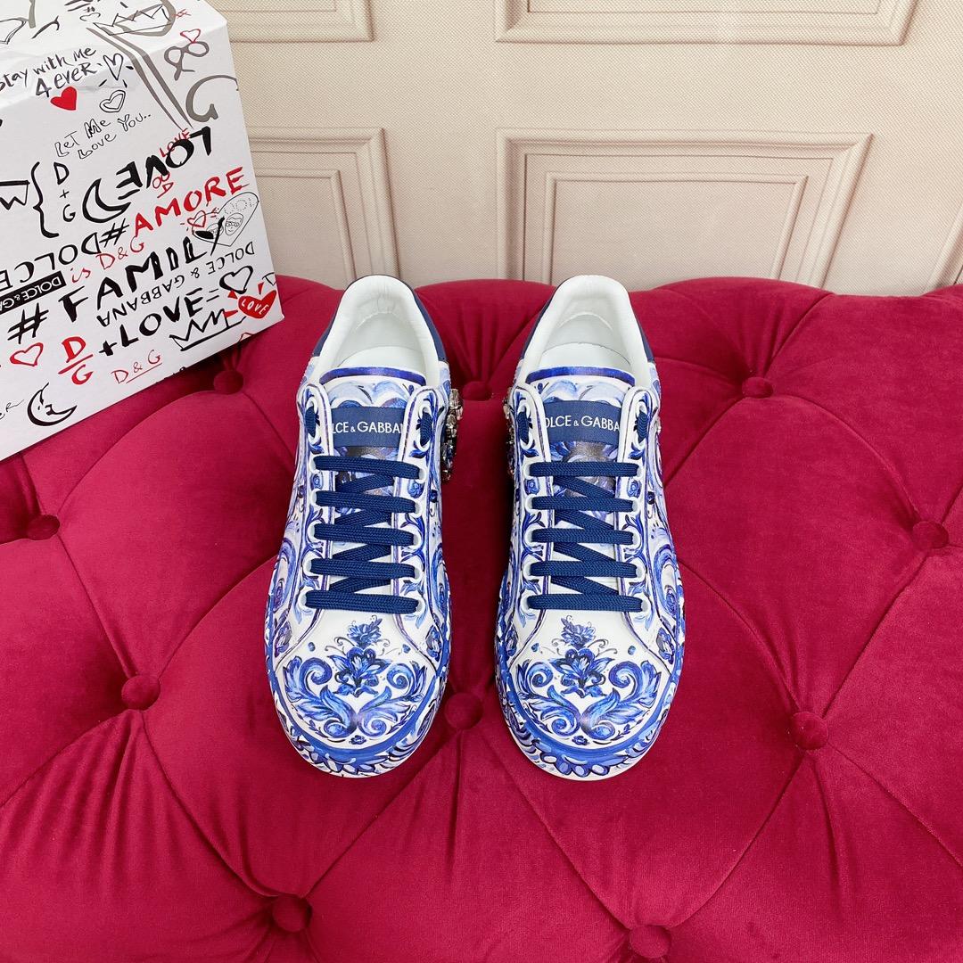 Dolce & Gabbana Majolica-Print Calfskin Portofino Sneakers - FashionPlug