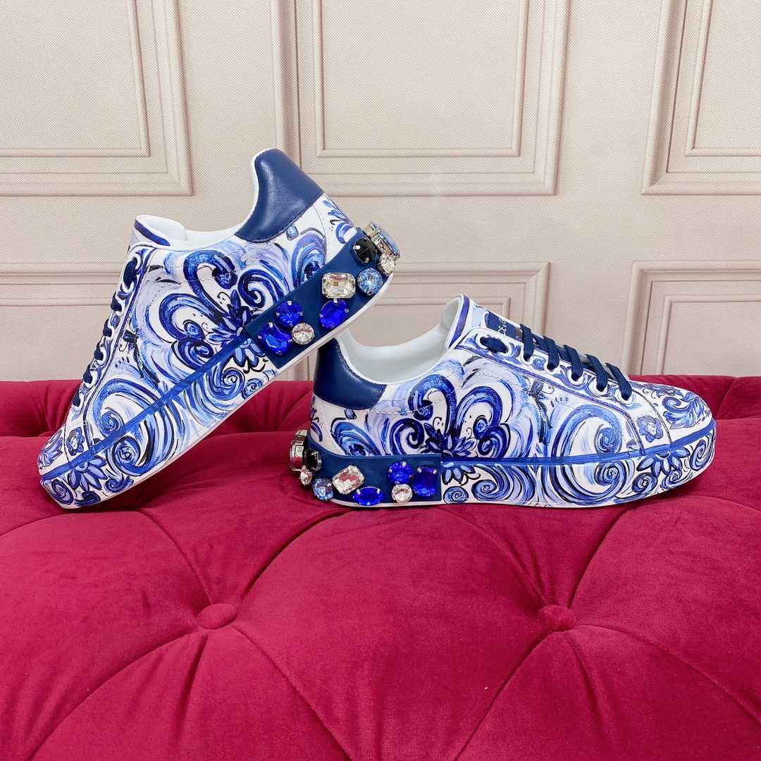 Dolce & Gabbana Majolica-Print Calfskin Portofino Sneakers - FashionPlug