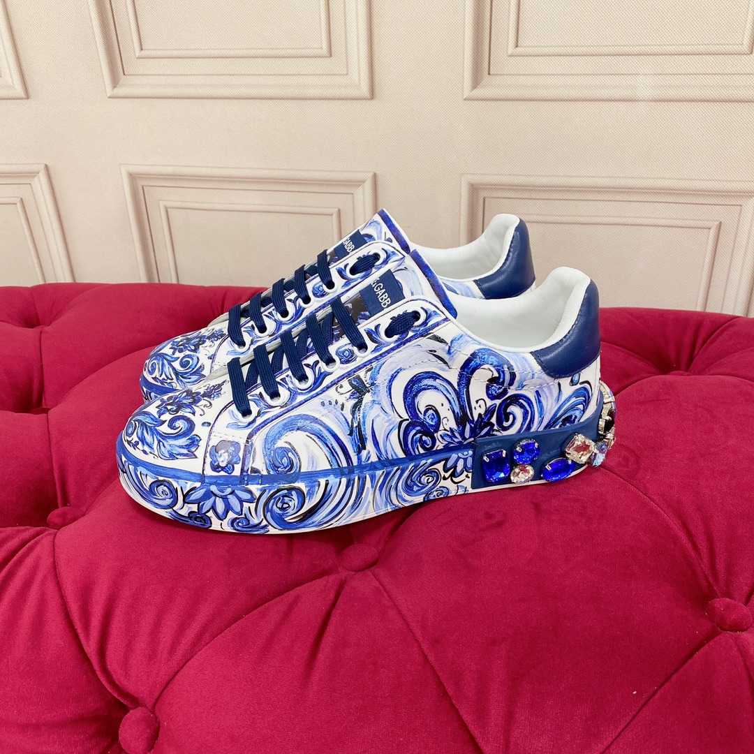 Dolce & Gabbana Majolica-Print Calfskin Portofino Sneakers - FashionPlug