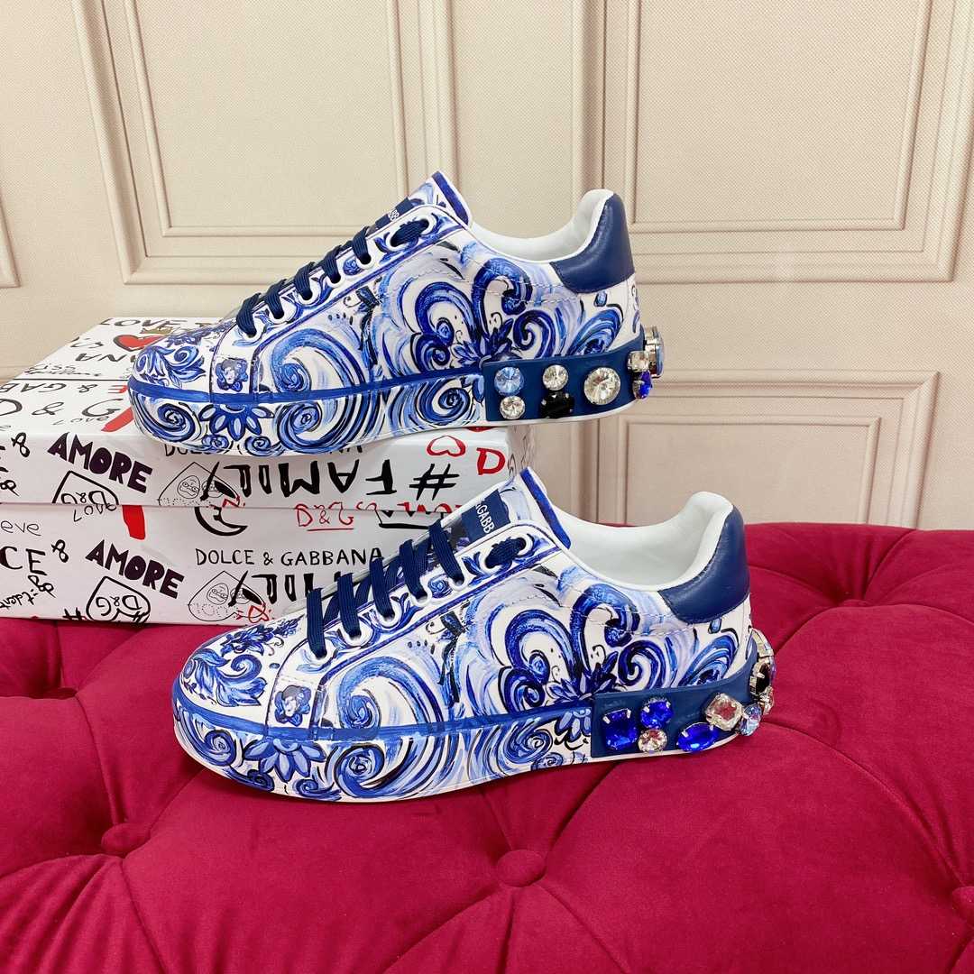 Dolce & Gabbana Majolica-Print Calfskin Portofino Sneakers - FashionPlug