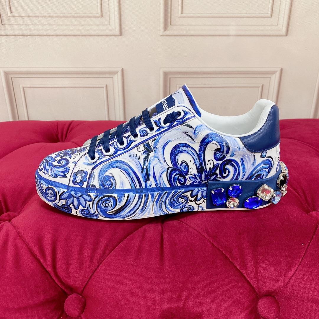 Dolce & Gabbana Majolica-Print Calfskin Portofino Sneakers - FashionPlug
