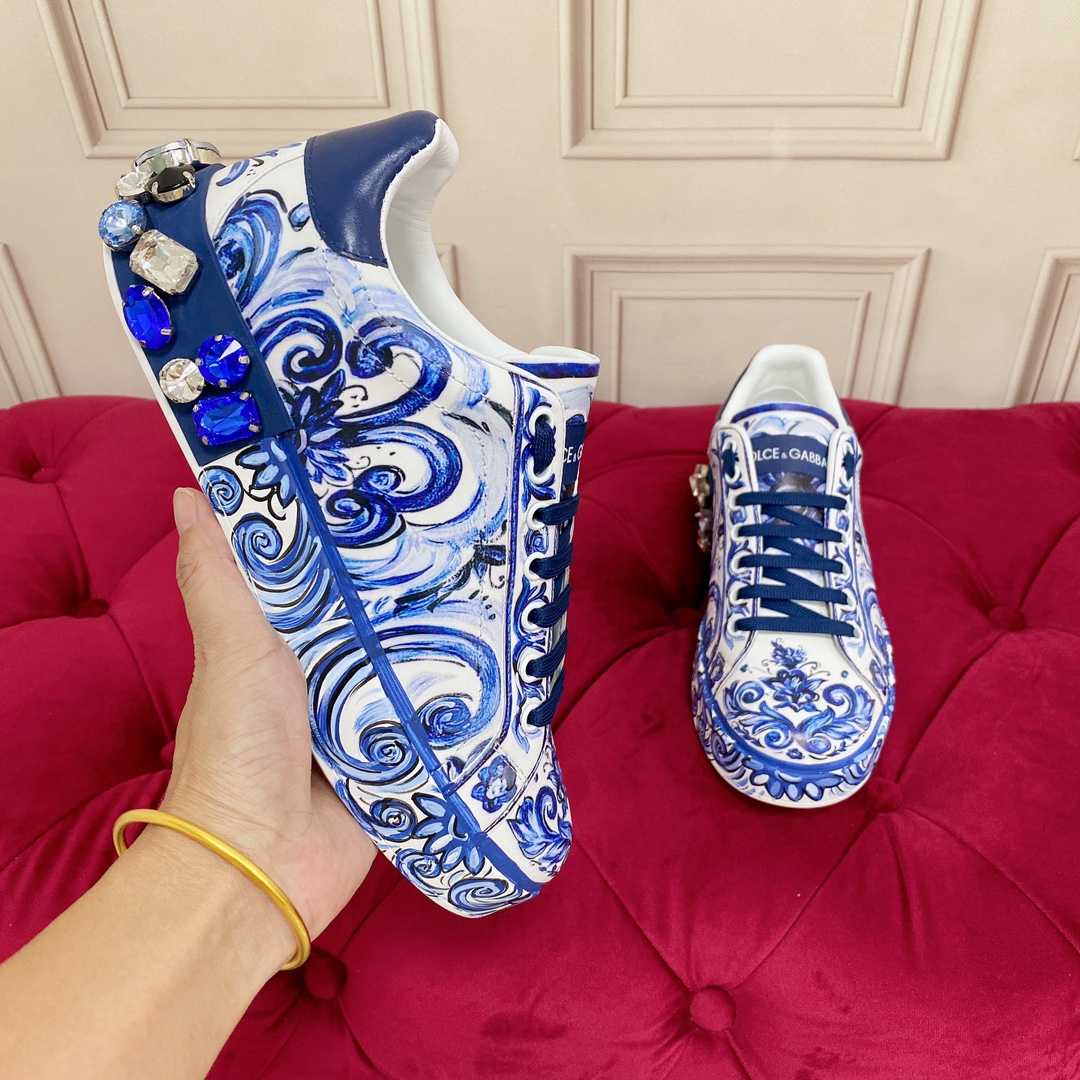 Dolce & Gabbana Majolica-Print Calfskin Portofino Sneakers - FashionPlug