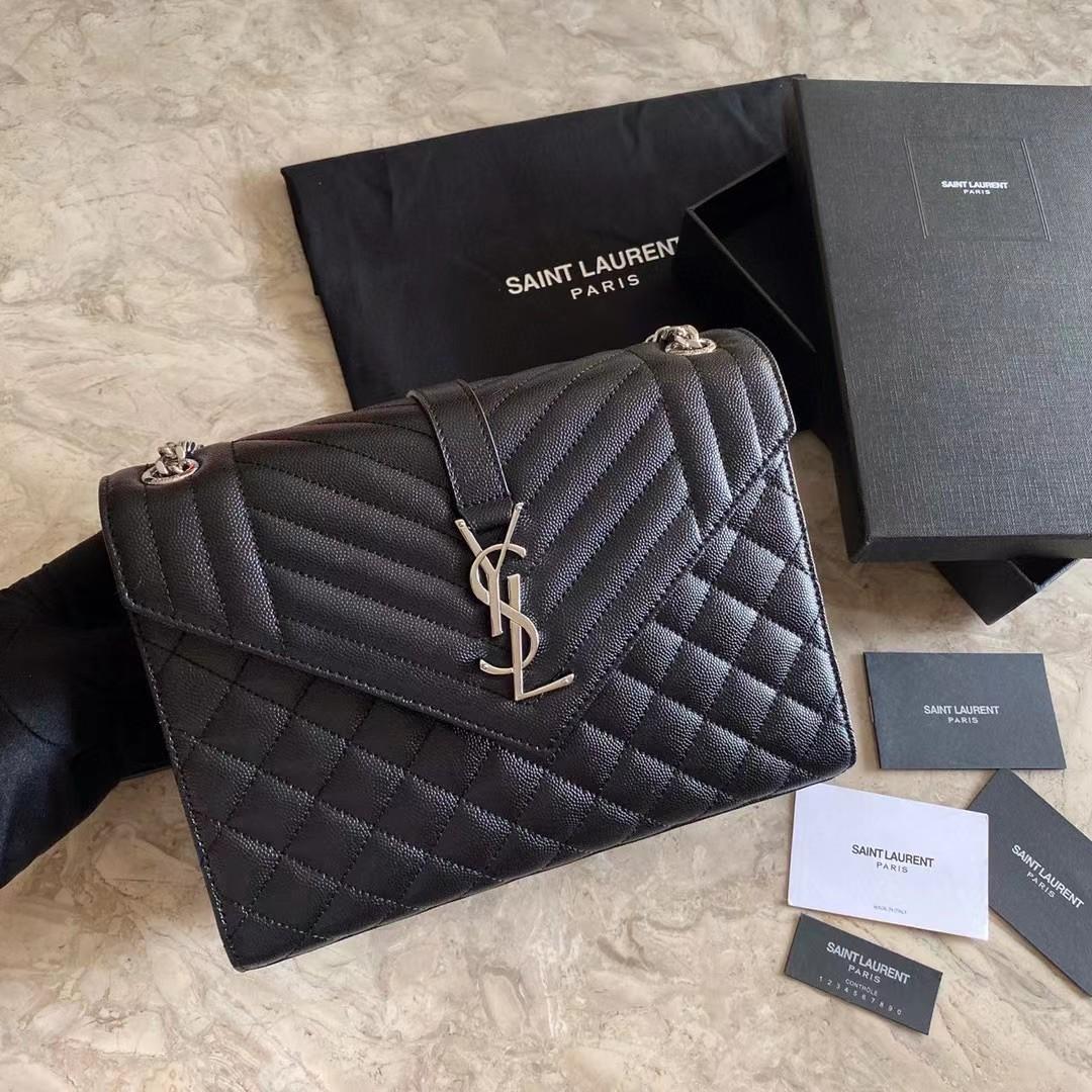 Saint Laurent Envelope Medium Chain Bag In Mix Matelasse Grain De Poudre Embossed Leather - FashionPlug
