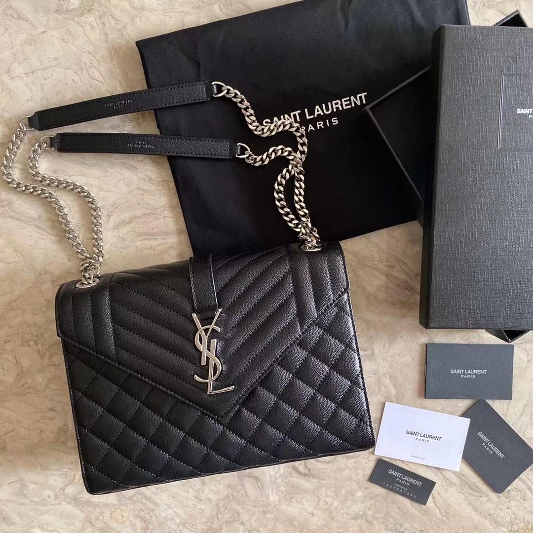 Saint Laurent Envelope Medium Chain Bag In Mix Matelasse Grain De Poudre Embossed Leather - FashionPlug