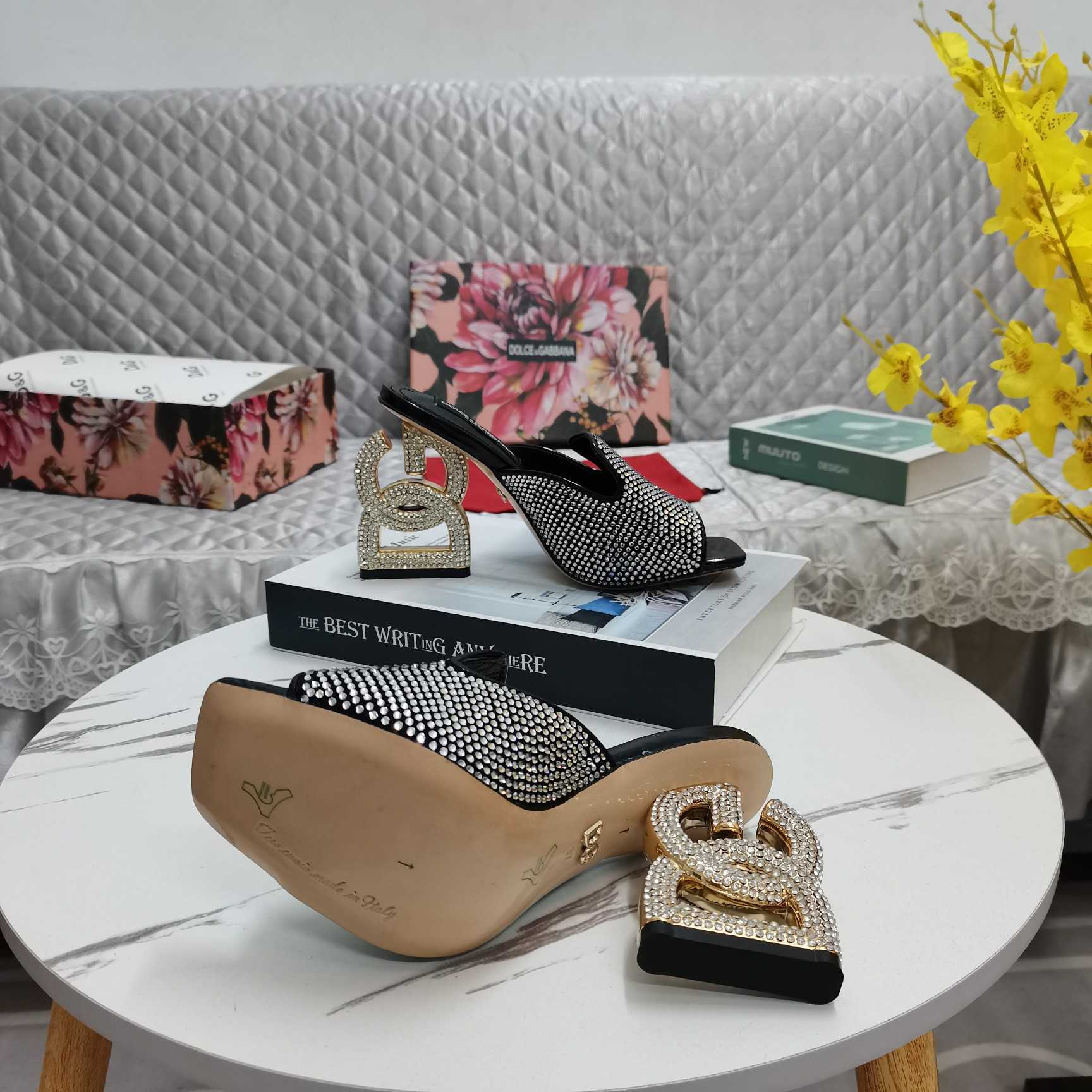 Dolce & Gabbana Mules With Fusible Rhinestone Detailing And DG Pop Heel - FashionPlug