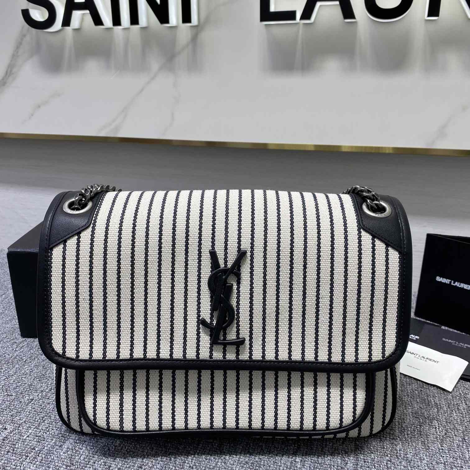 Saint Laurent Women's Niki Medium Striped Canvas Shoulder Bag (28cm) - FashionPlug