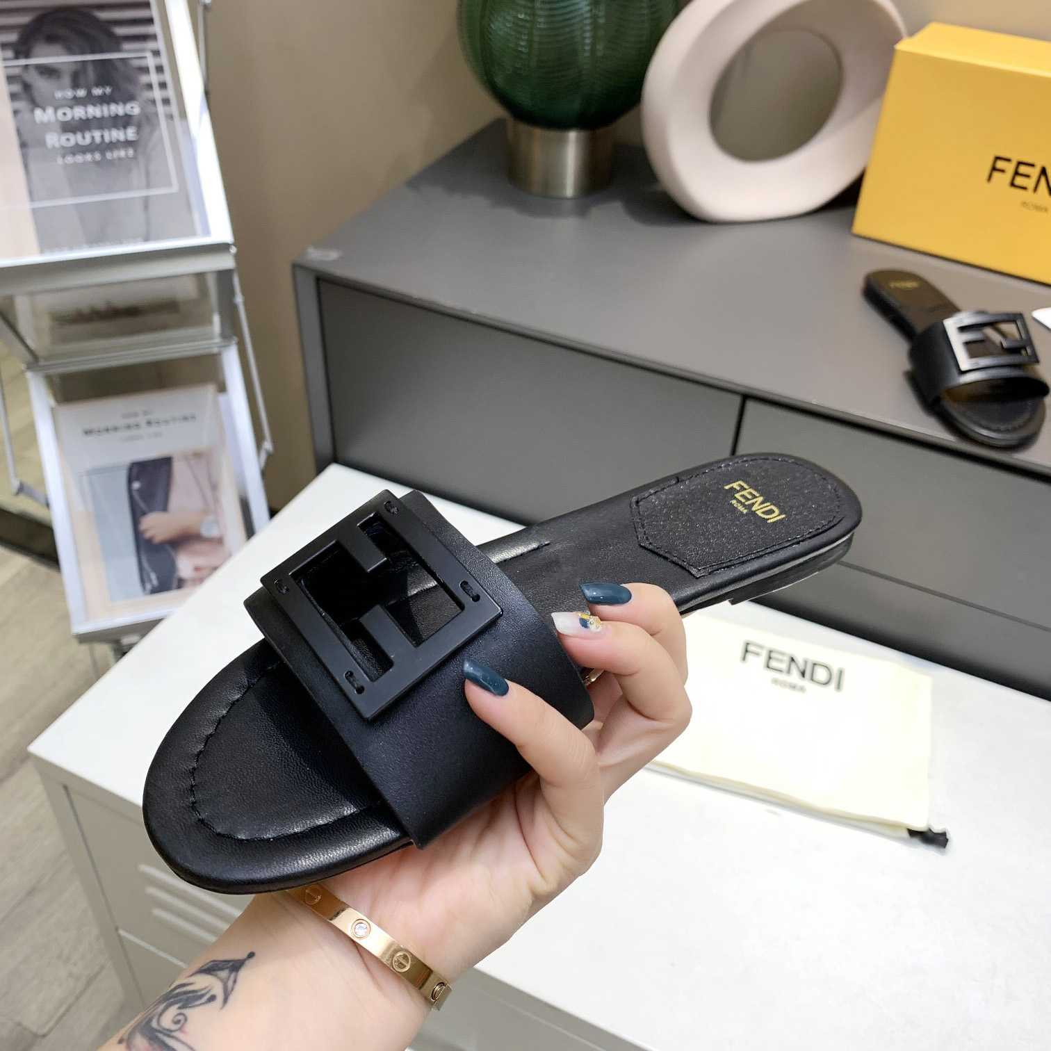 Fendi Signature Black Leather Slides - FashionPlug