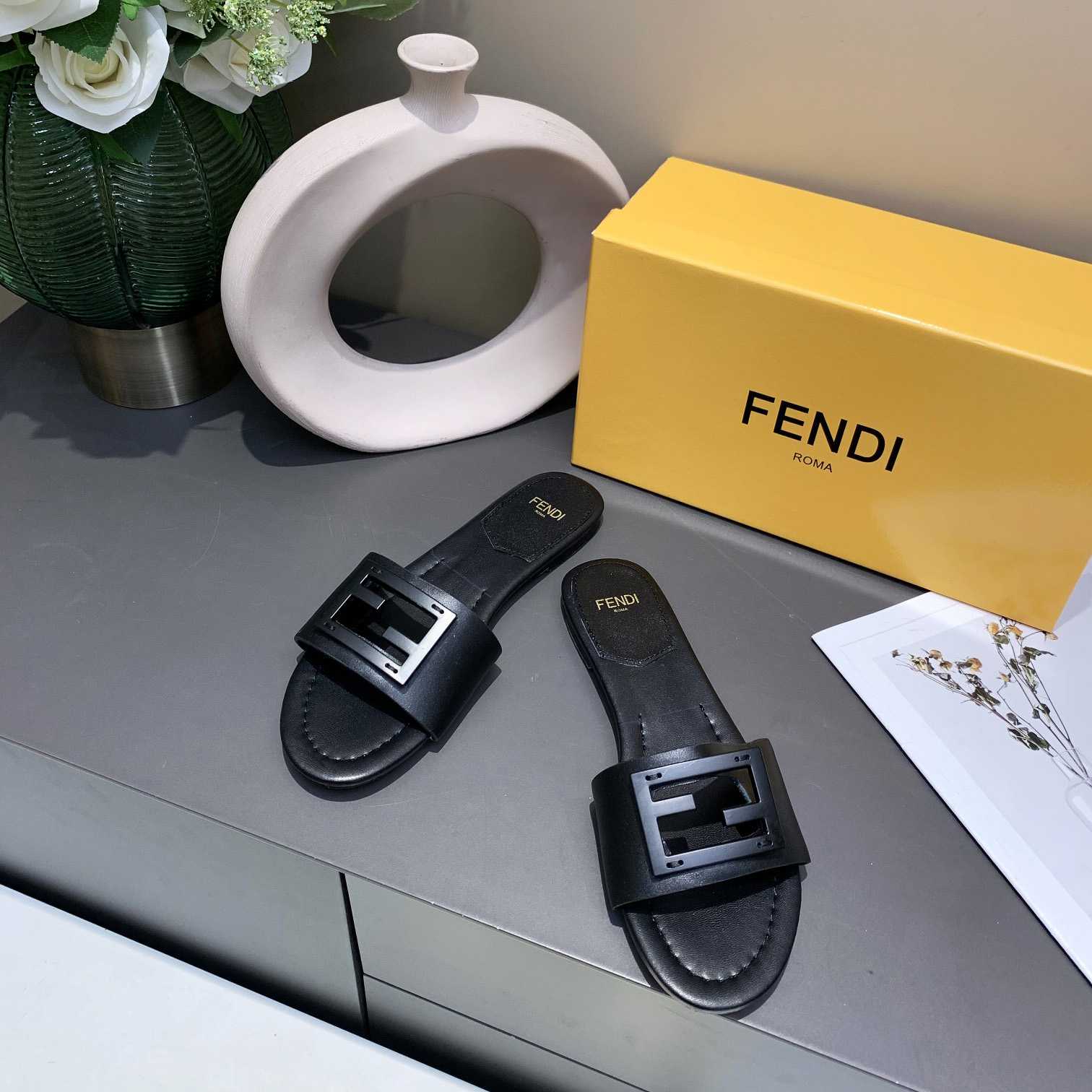 Fendi Signature Black Leather Slides - FashionPlug