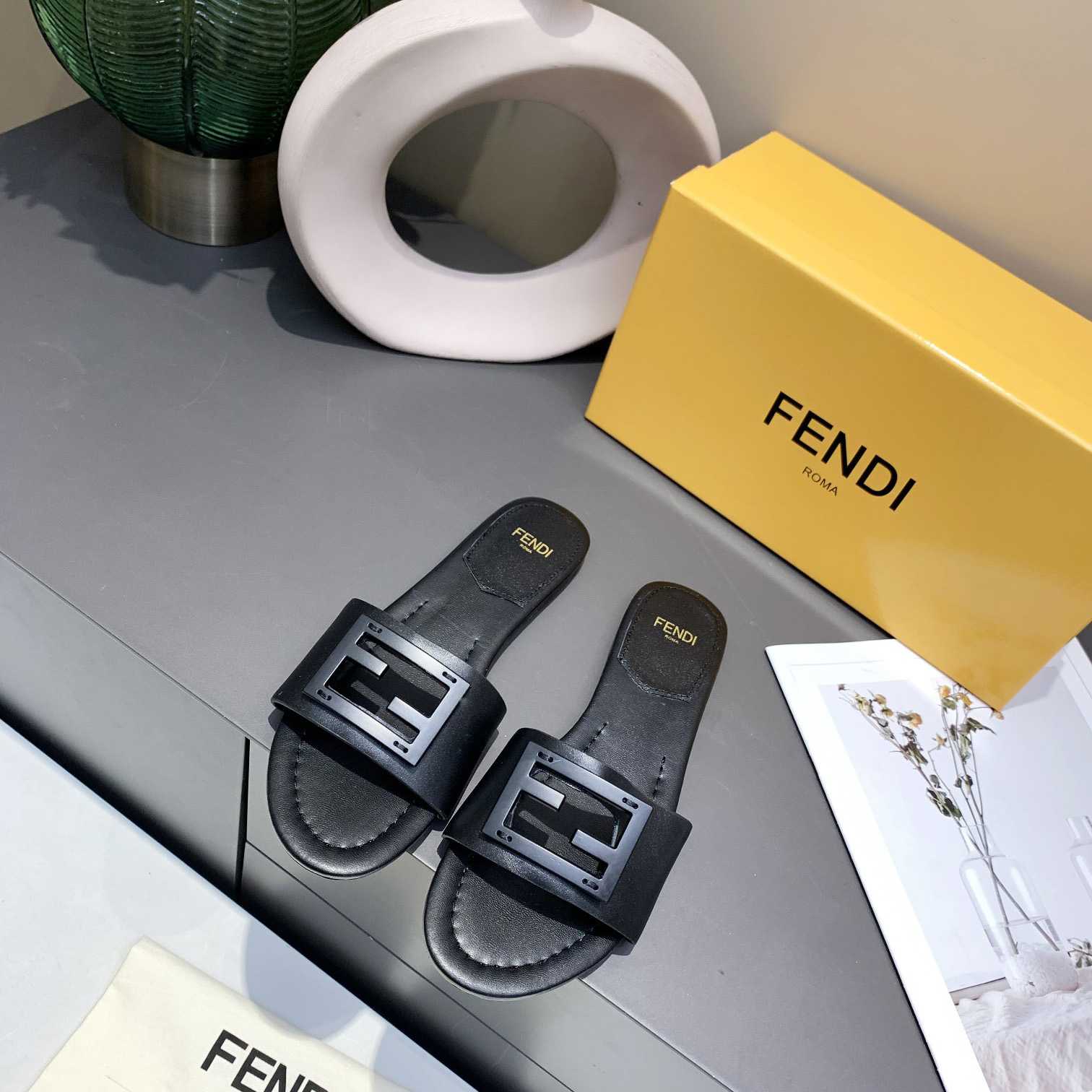 Fendi Signature Black Leather Slides - FashionPlug