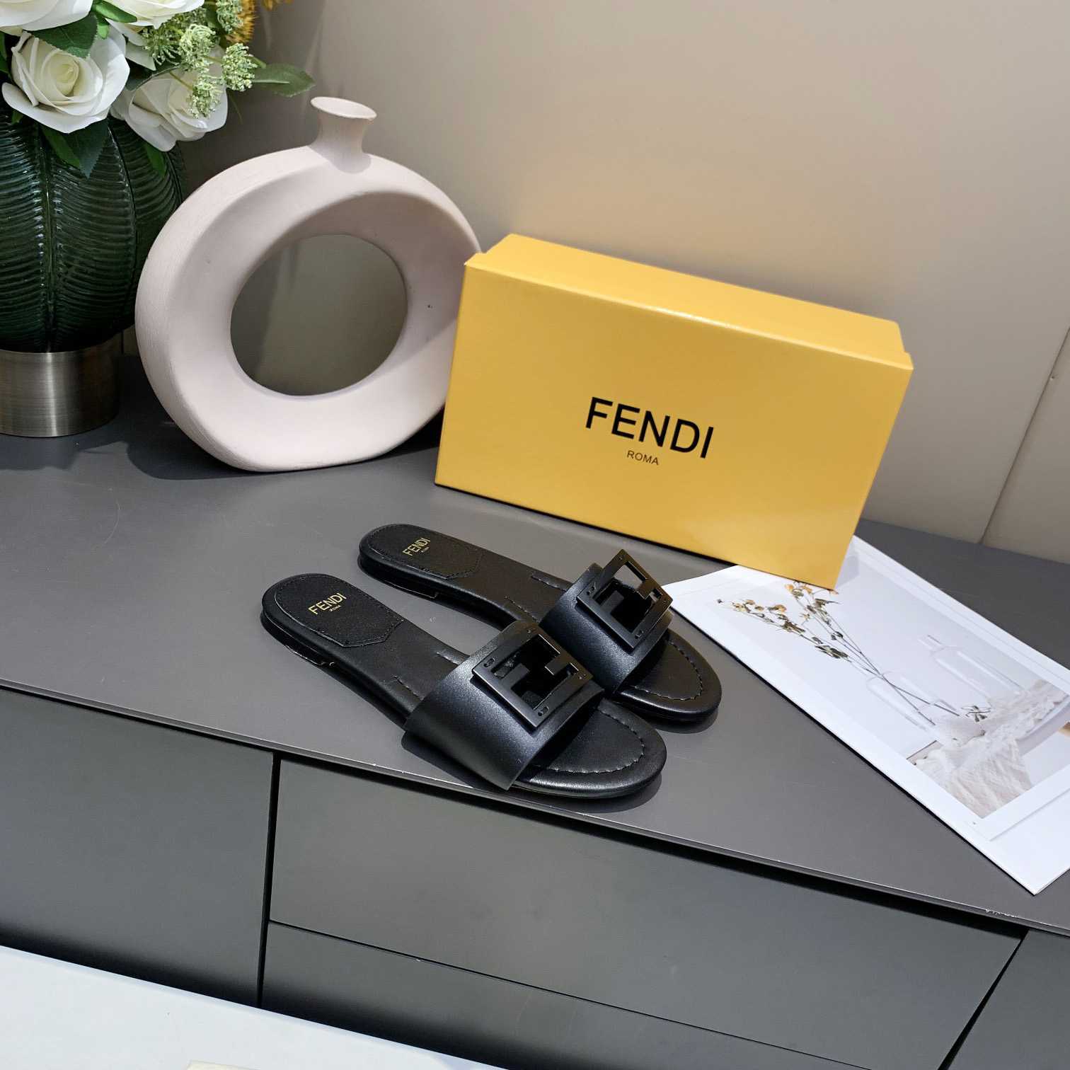 Fendi Signature Black Leather Slides - FashionPlug