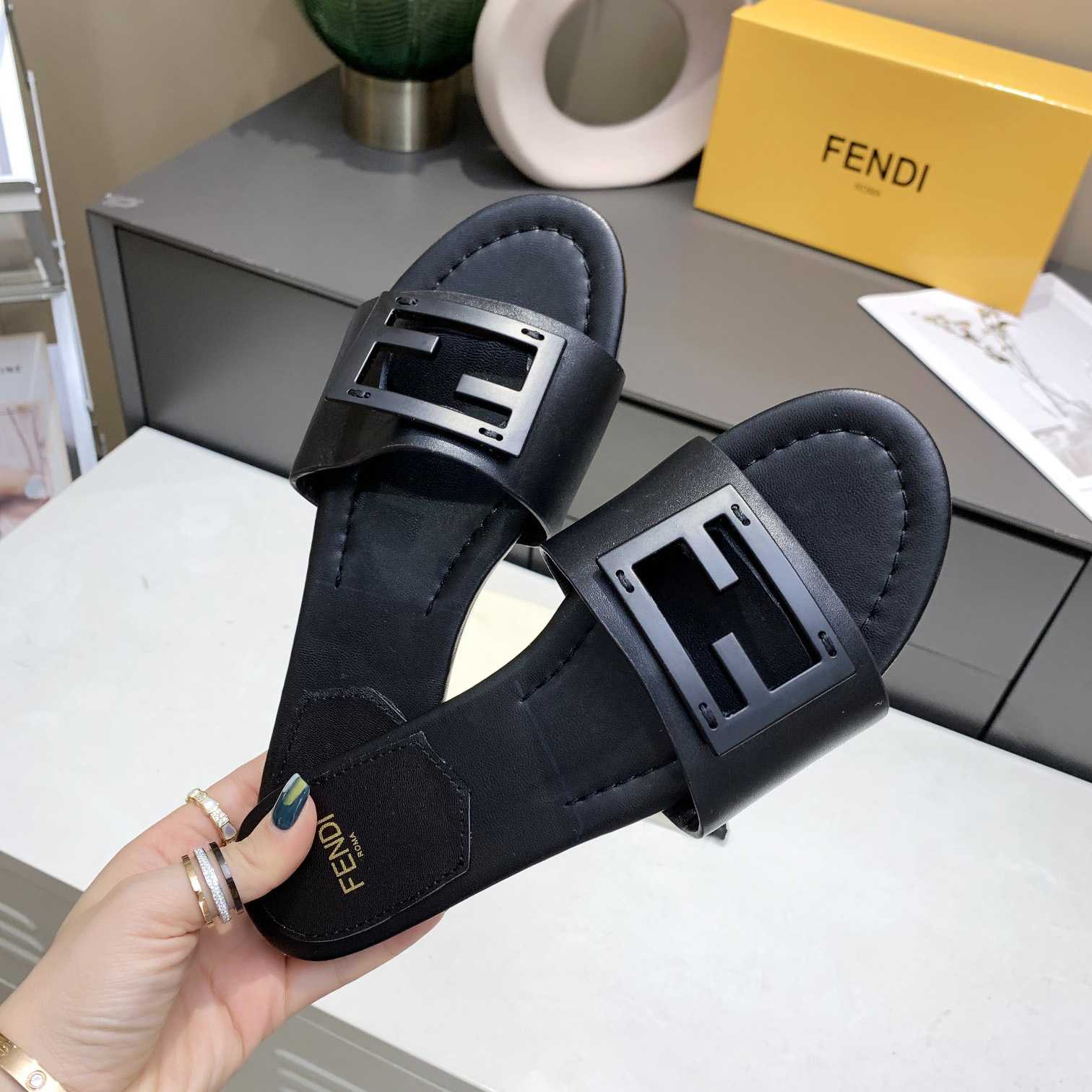 Fendi Signature Black Leather Slides - FashionPlug