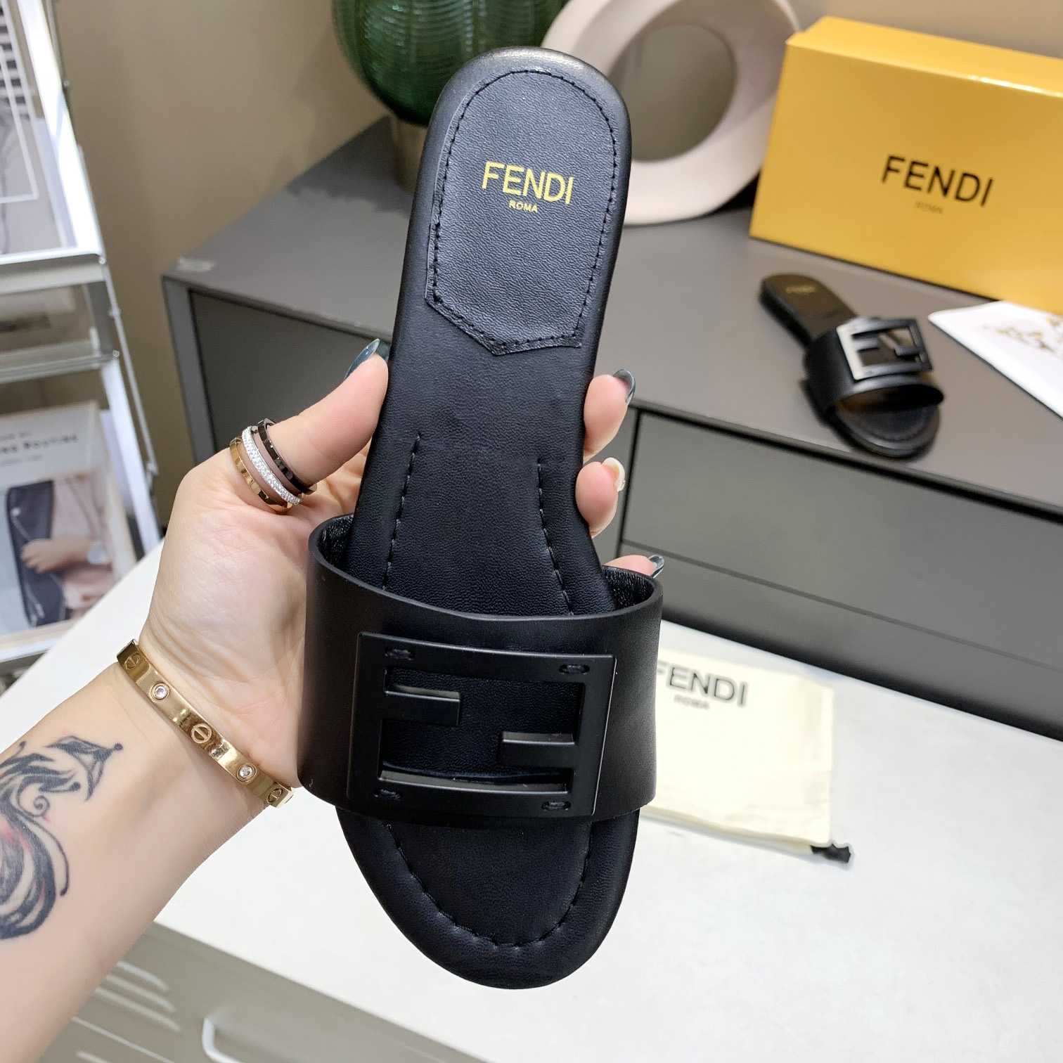 Fendi Signature Black Leather Slides - FashionPlug