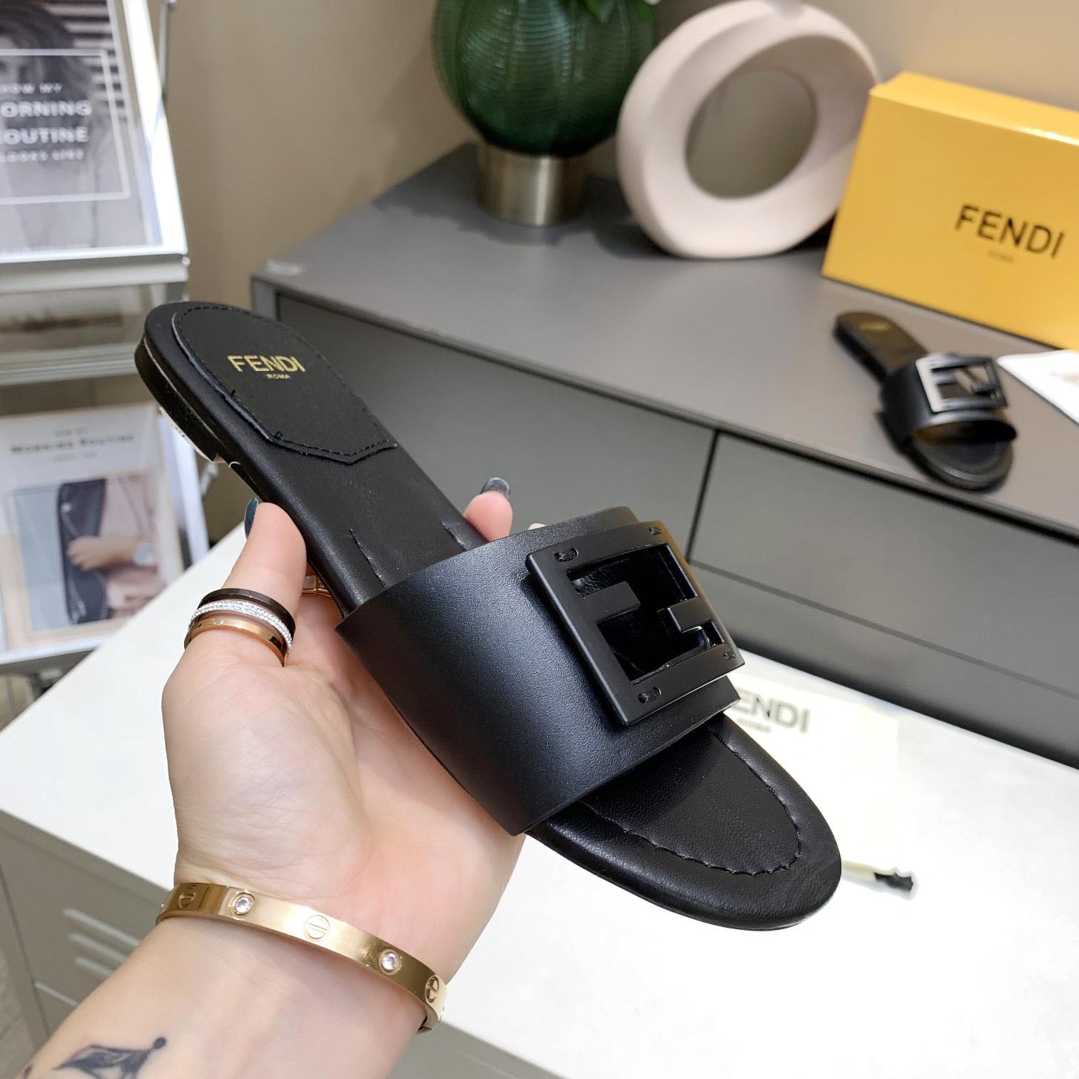 Fendi Signature Black Leather Slides - FashionPlug