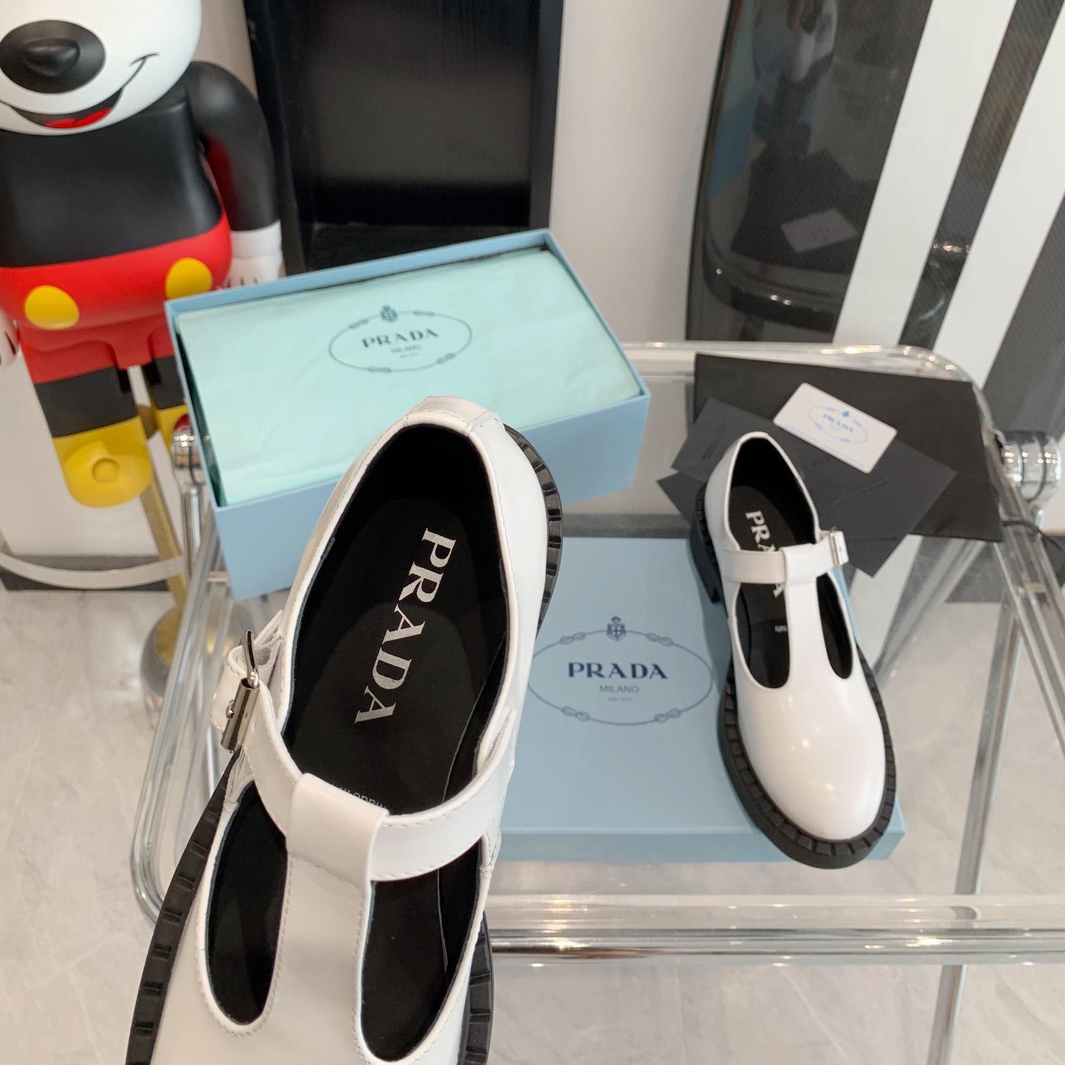 Prada Brushed-Leather Mary Jane T-strap Shoes - FashionPlug