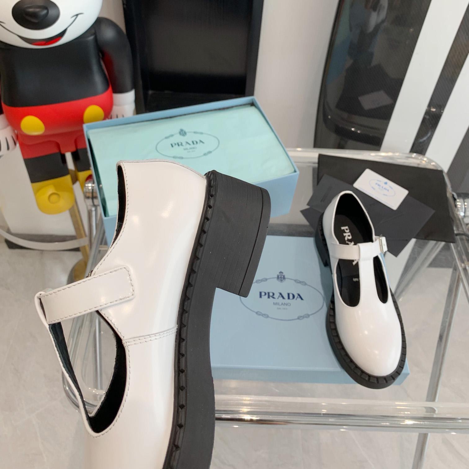 Prada Brushed-Leather Mary Jane T-strap Shoes - FashionPlug