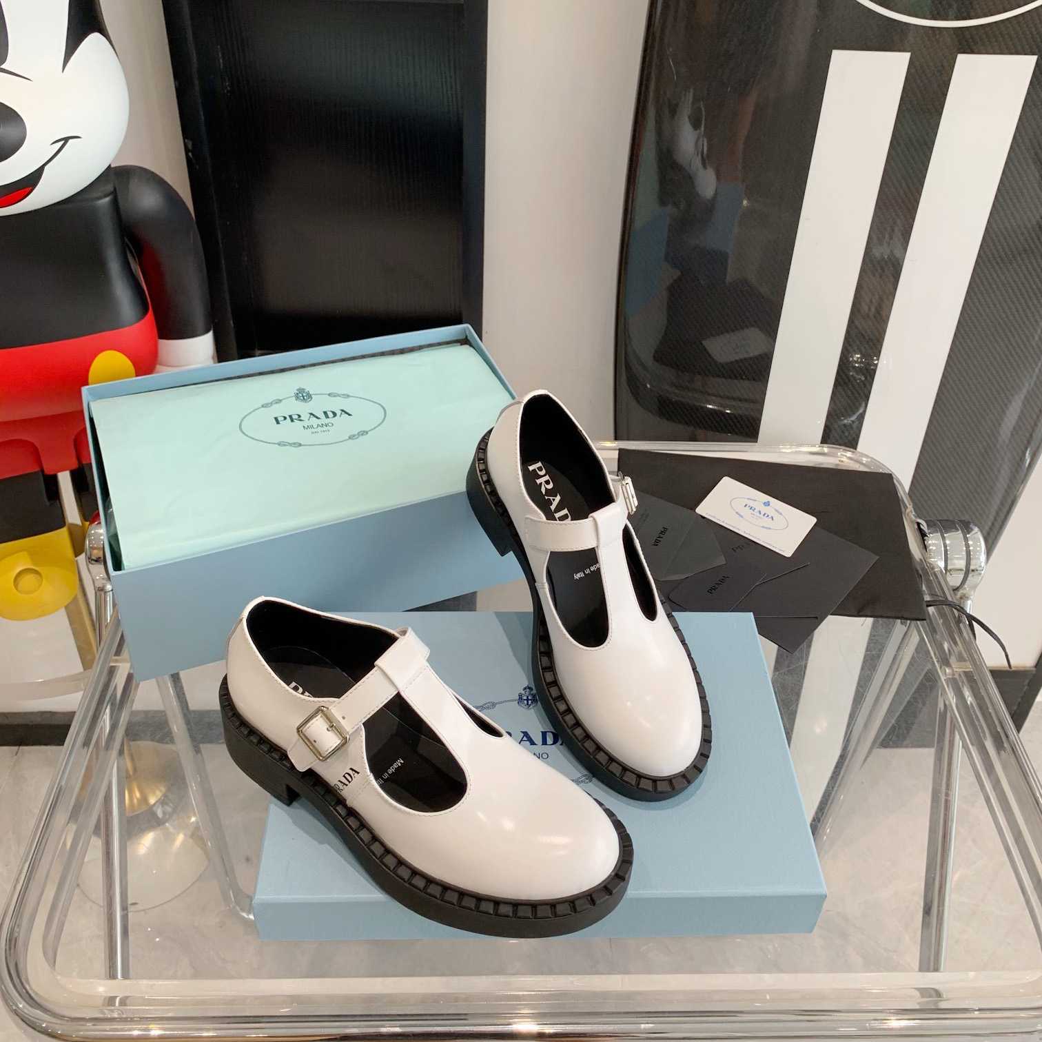 Prada Brushed-Leather Mary Jane T-strap Shoes - FashionPlug
